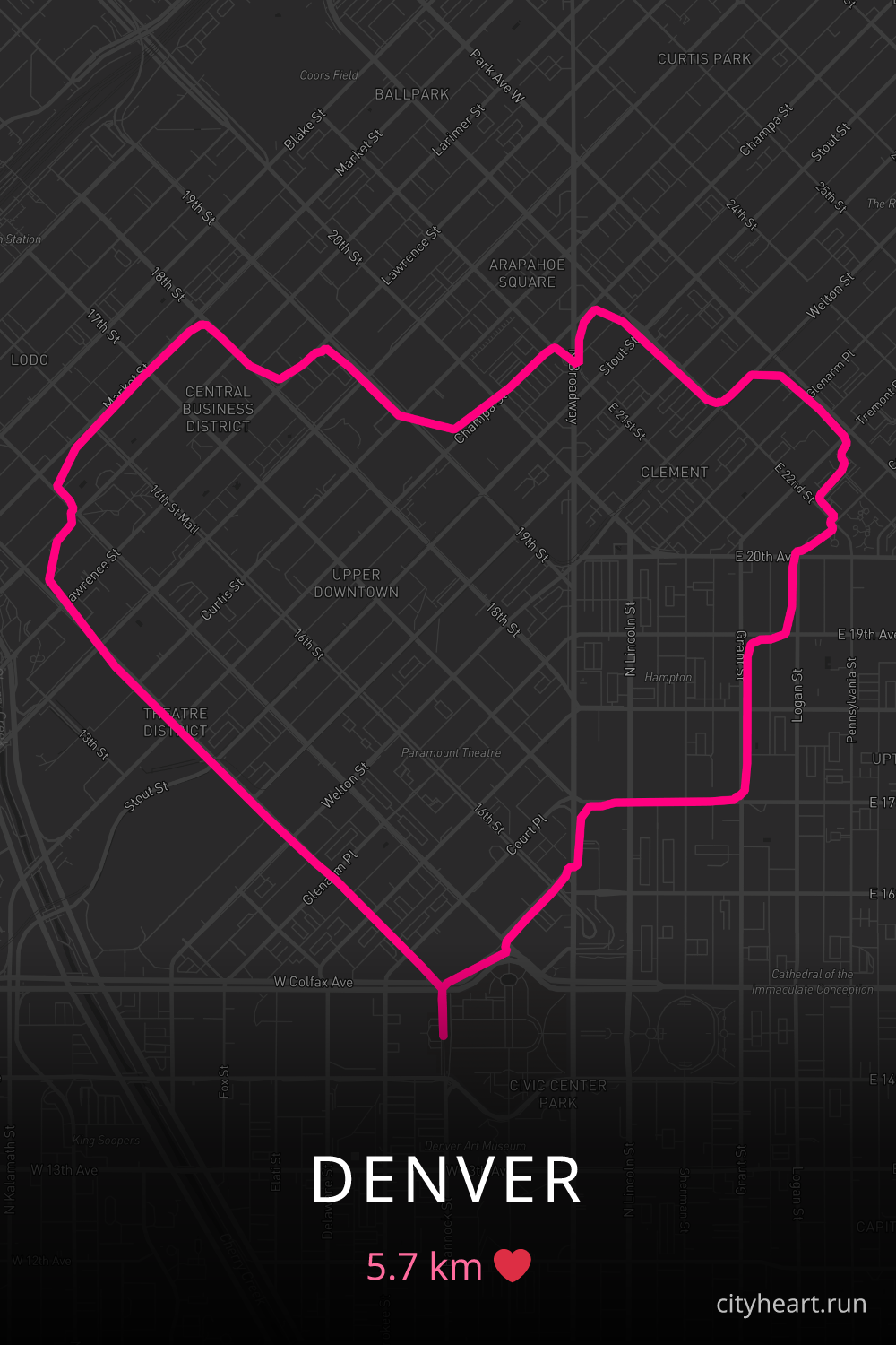 Heart-shaped running route in Denver, 5.7 km — GPS art for Strava