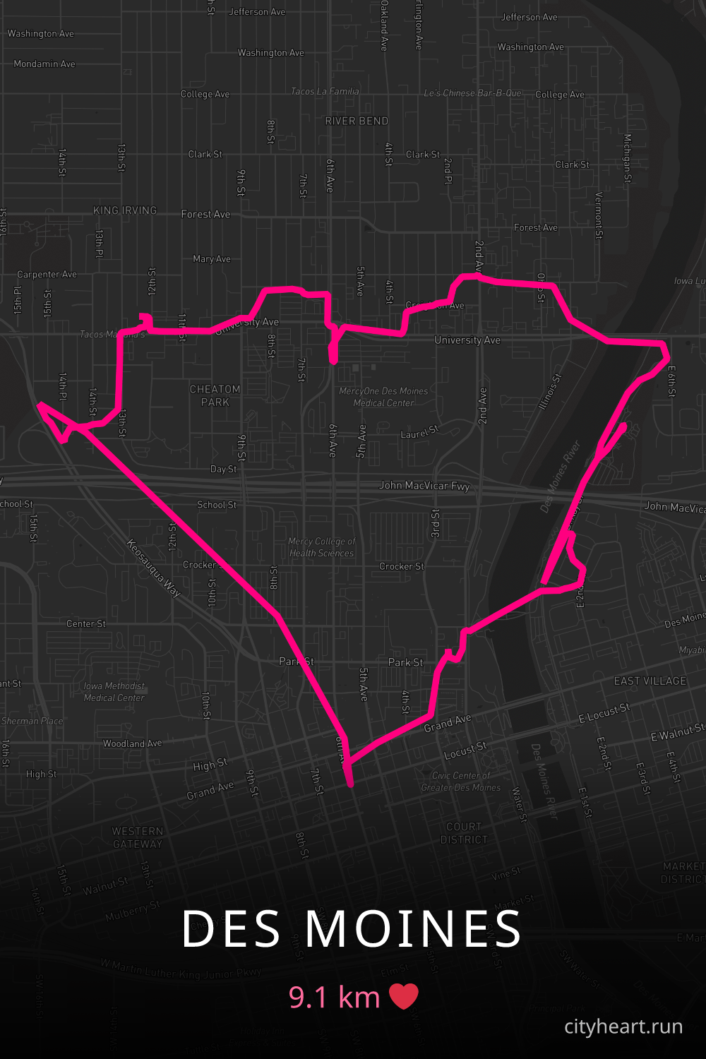 Heart-shaped running route in Des Moines, 9.1 km — GPS art for Strava