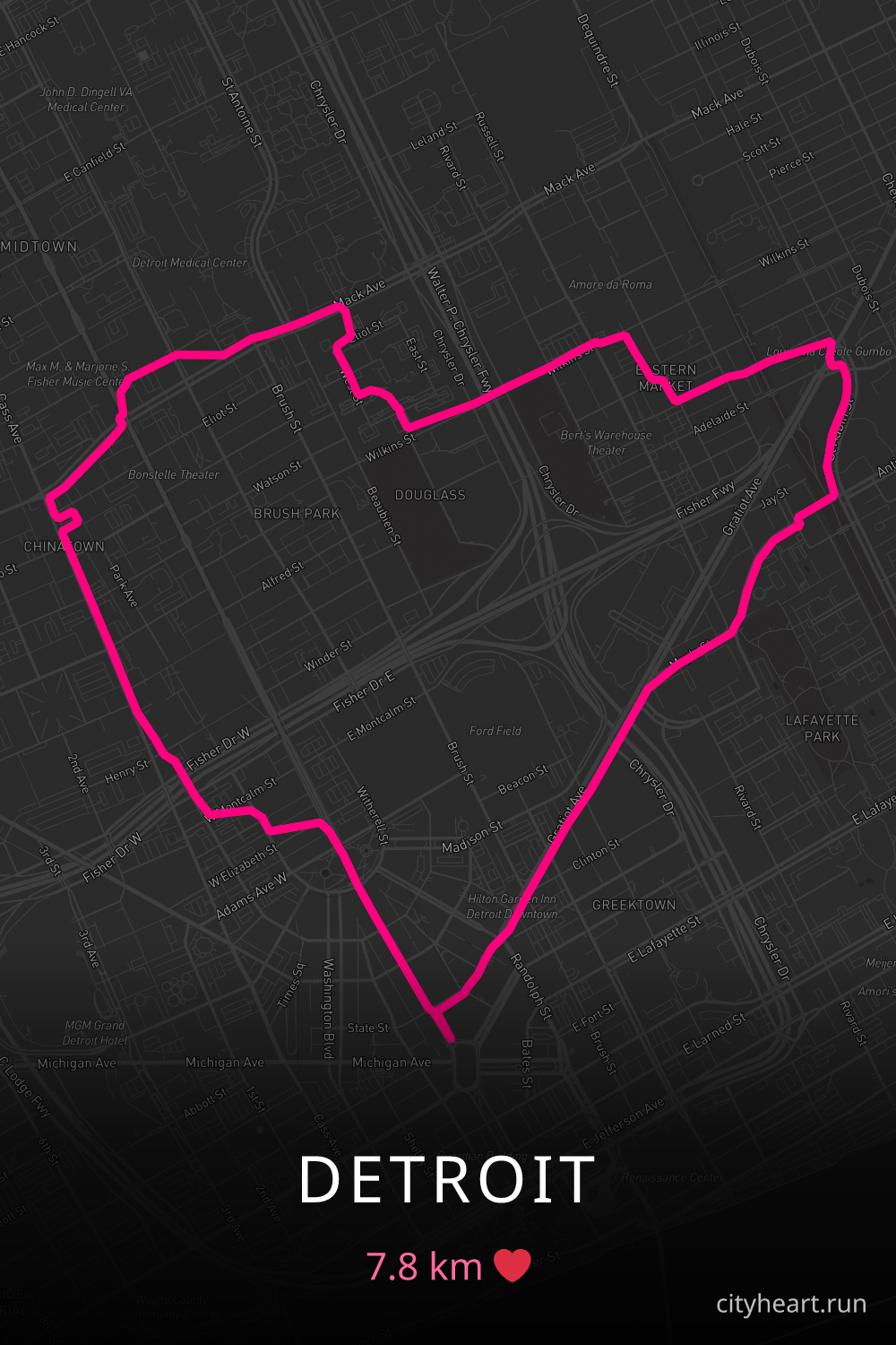 Heart-shaped running route in Detroit, 7.8 km — GPS art for Strava