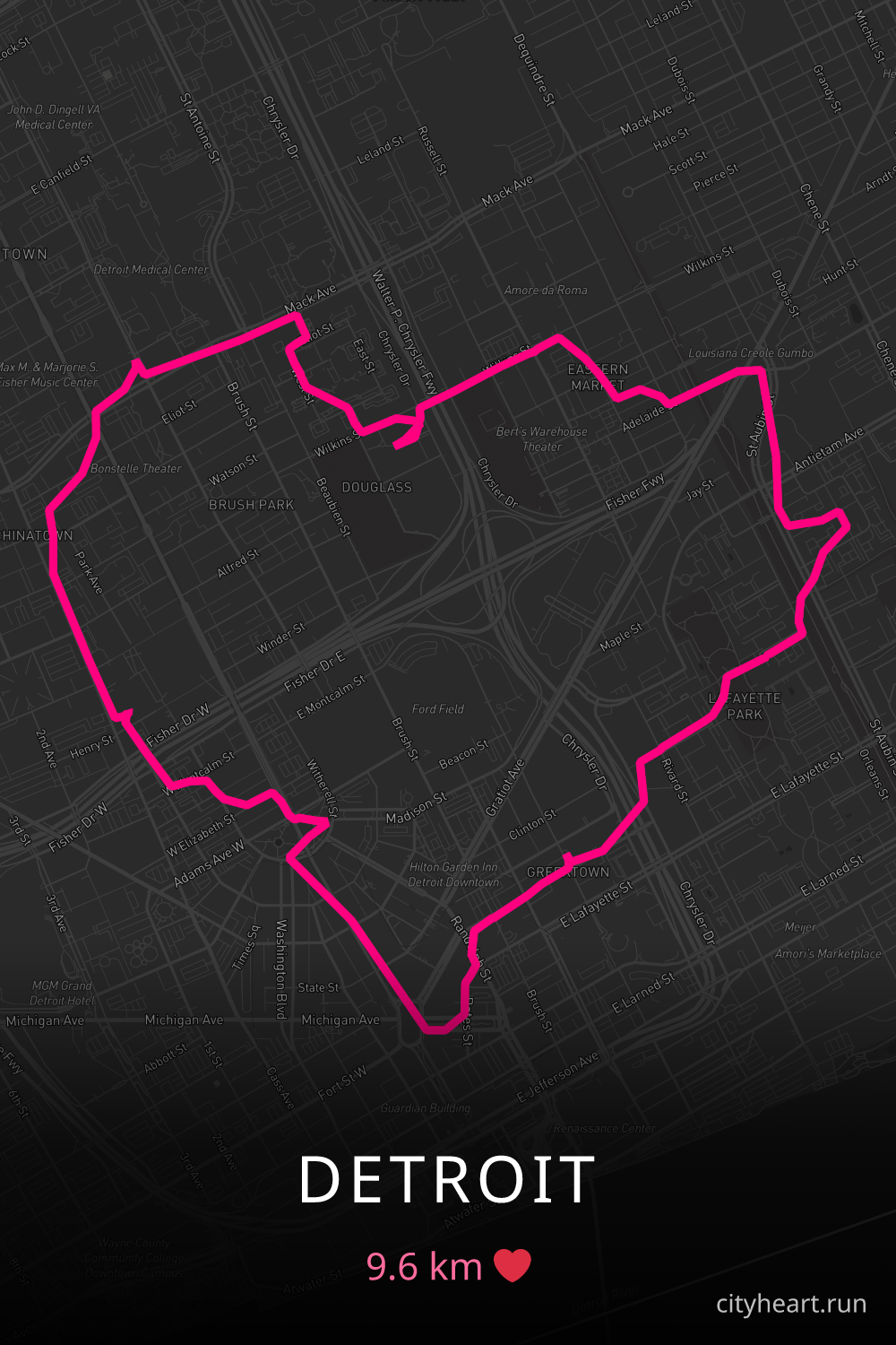 Heart-shaped running route in Detroit, 9.6 km — GPS art for Strava