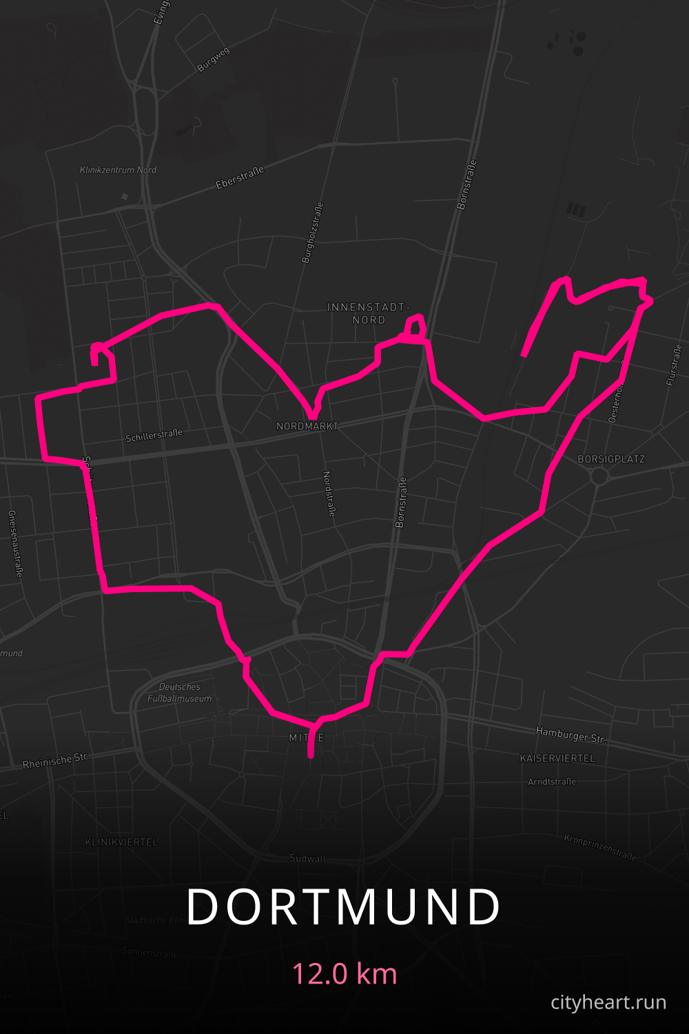 Heart-shaped running route in Dortmund, 12.0 km — GPS art for Strava