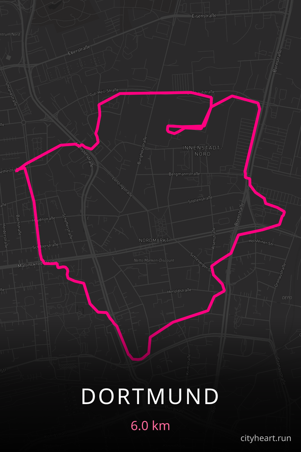 Heart-shaped running route in Dortmund, 6.0 km — GPS art for Strava