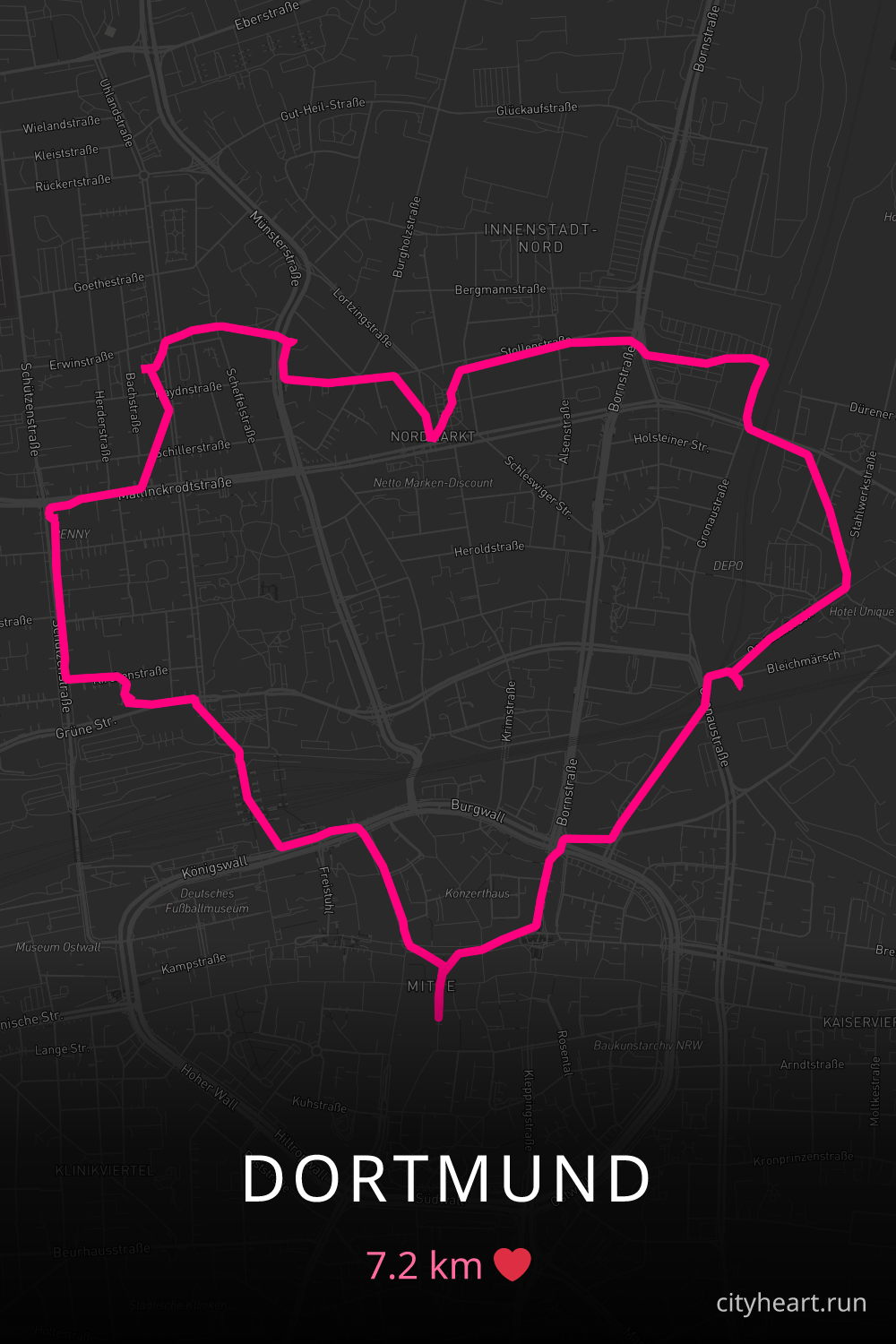 Heart-shaped running route in Dortmund, 7.2 km — GPS art for Strava