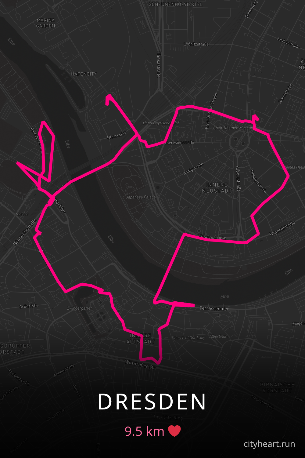 Heart-shaped running route in Dresden, 9.5 km — GPS art for Strava