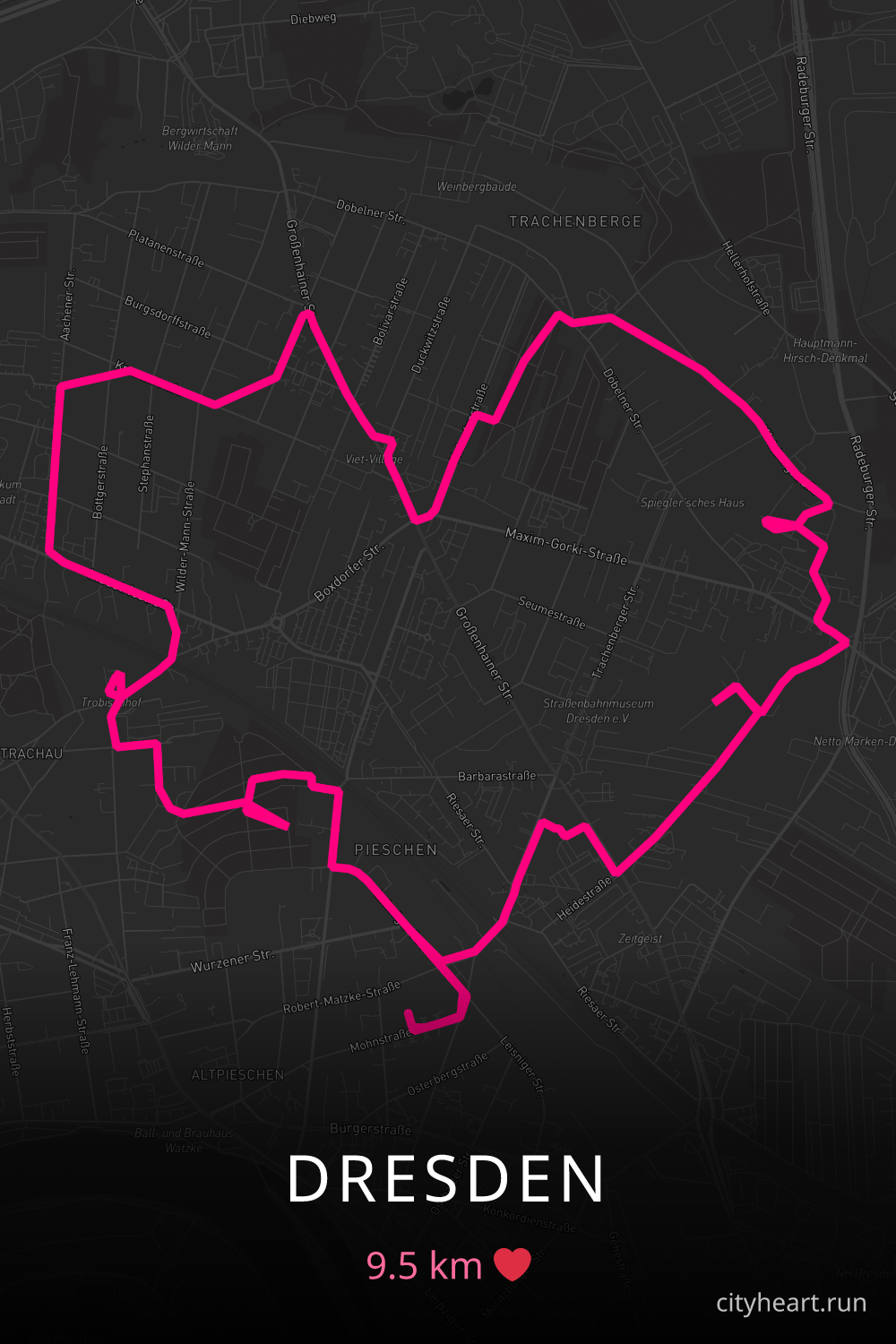 Heart-shaped running route in Dresden, 9.5 km — GPS art for Strava