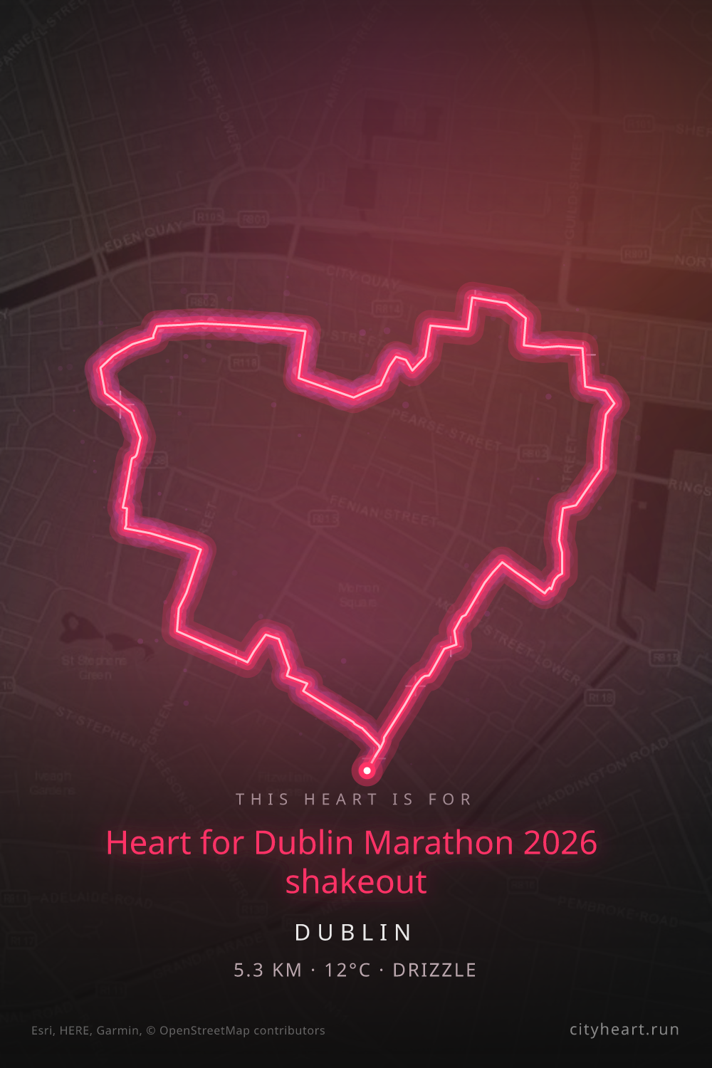 Heart-shaped running route in Dublin, 5.3 km — GPS art for Strava