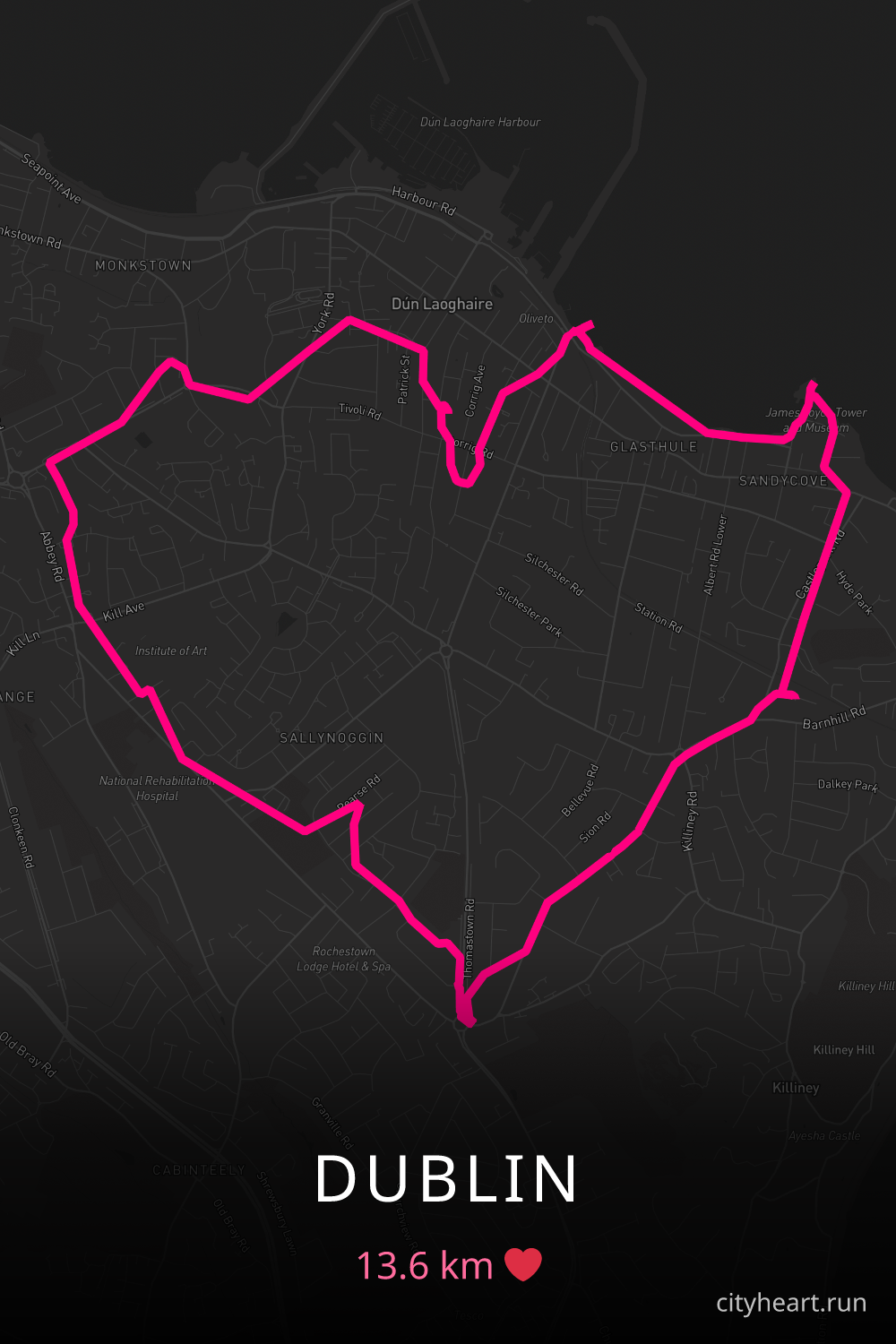 Heart-shaped running route in Dublin, 13.6 km — GPS art for Strava