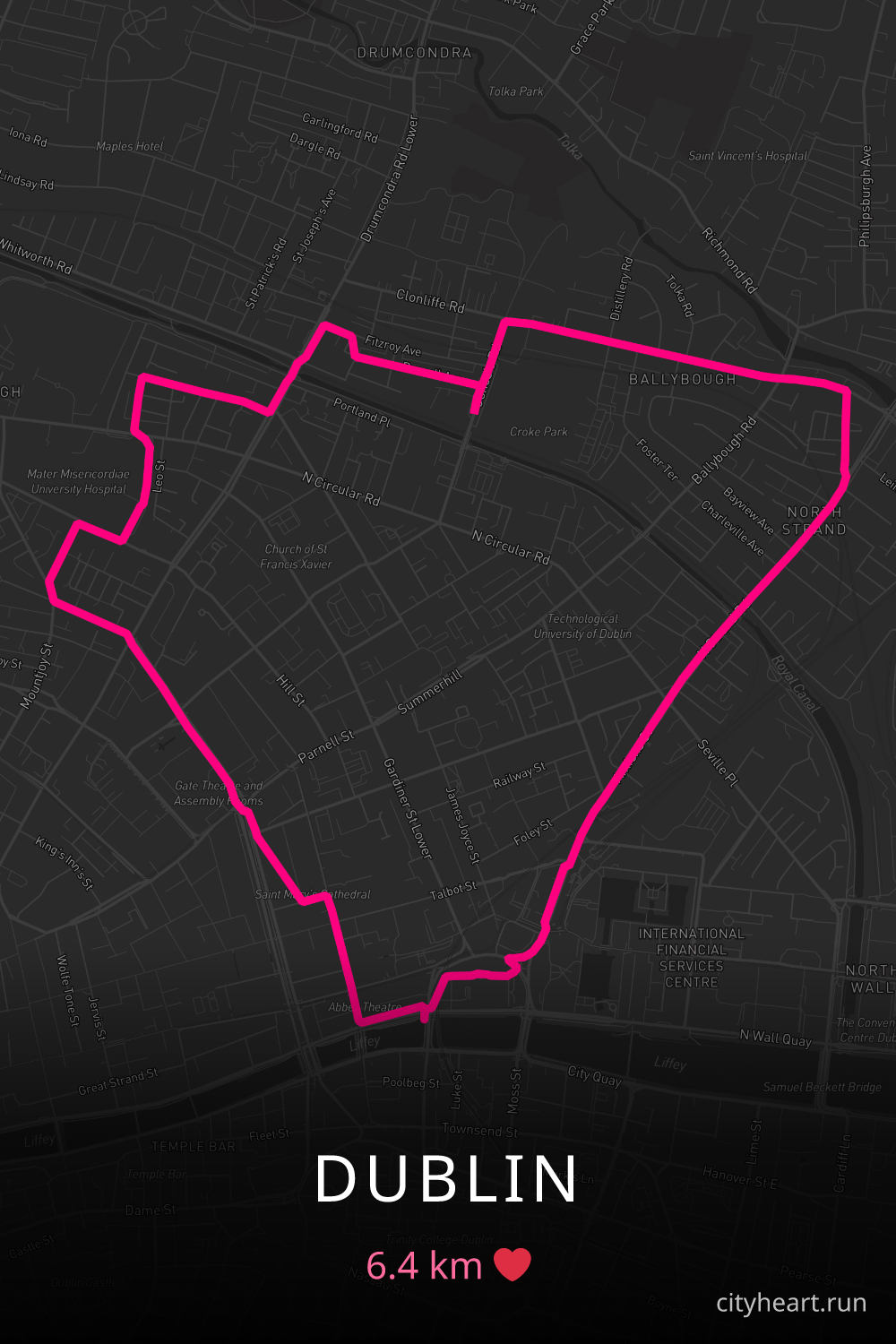 Heart-shaped running route in Dublin, 6.4 km — GPS art for Strava