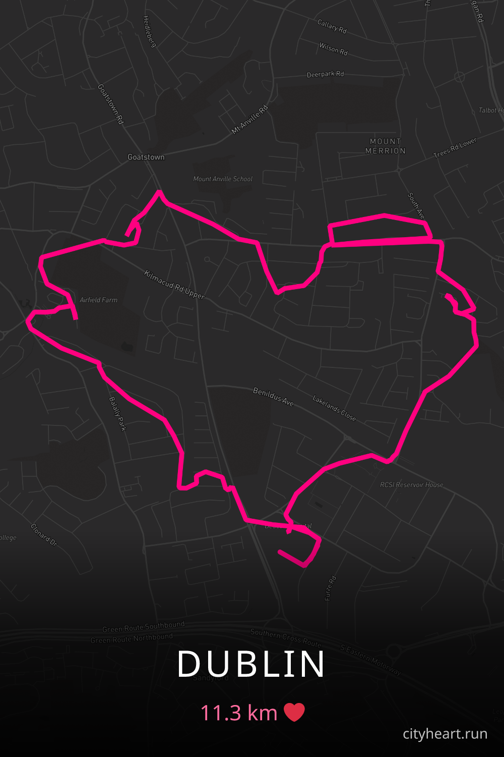 Heart-shaped running route in Dublin, 11.3 km — GPS art for Strava