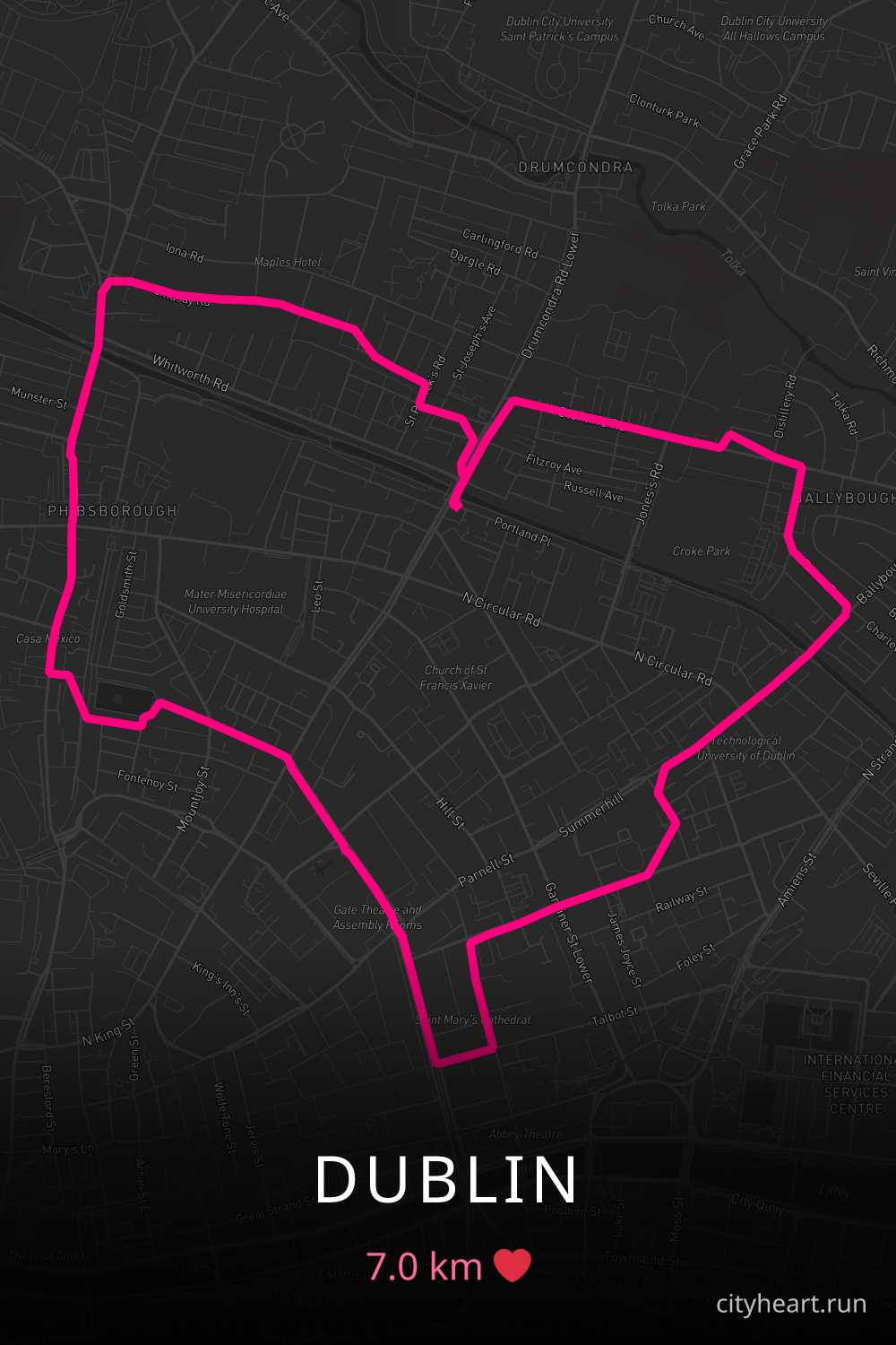 Heart-shaped running route in Dublin, 7.0 km — GPS art for Strava