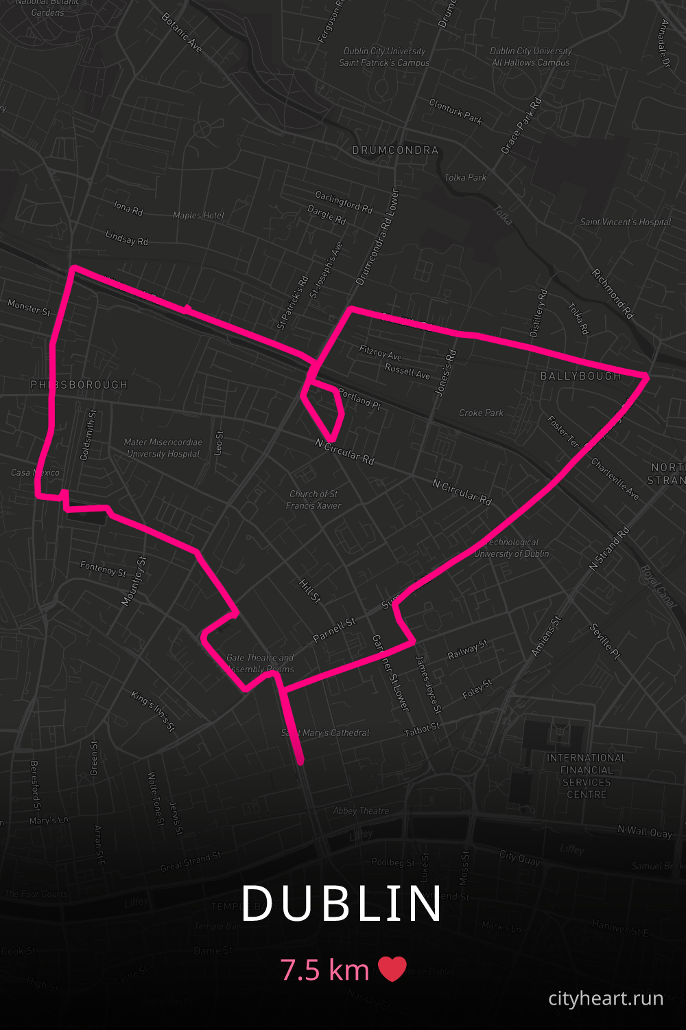 Heart-shaped running route in Dublin, 7.5 km — GPS art for Strava