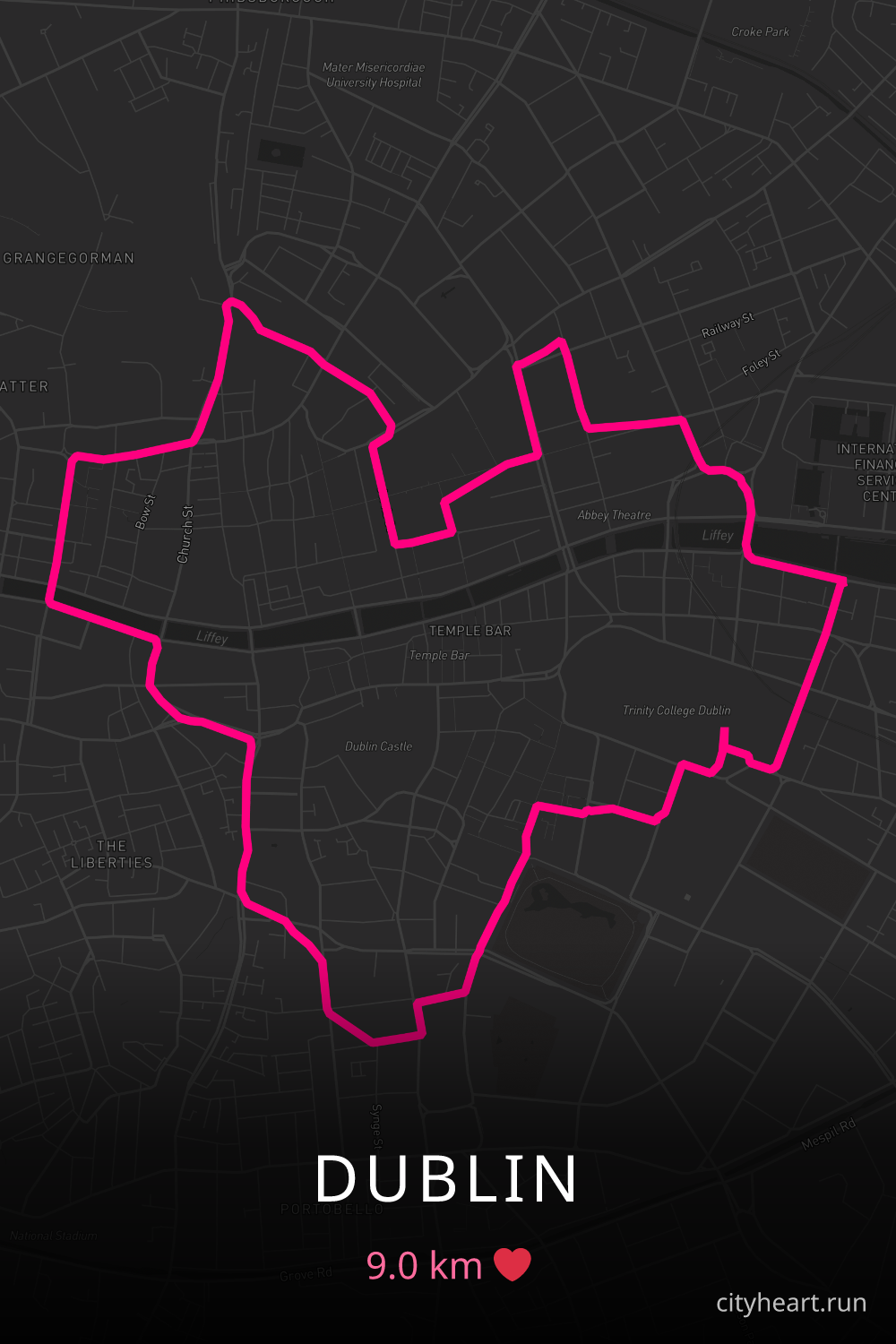 Heart-shaped running route in Dublin, 9.0 km — GPS art for Strava