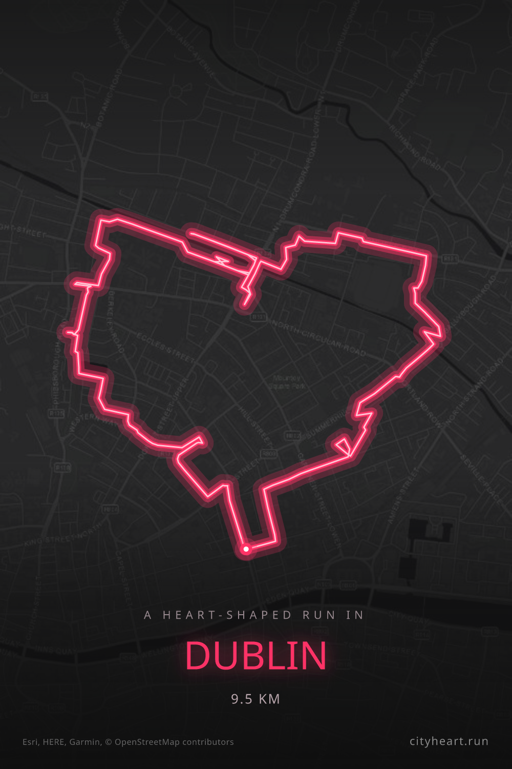 Heart-shaped running route in Dublin, 9.5 km — GPS art for Strava