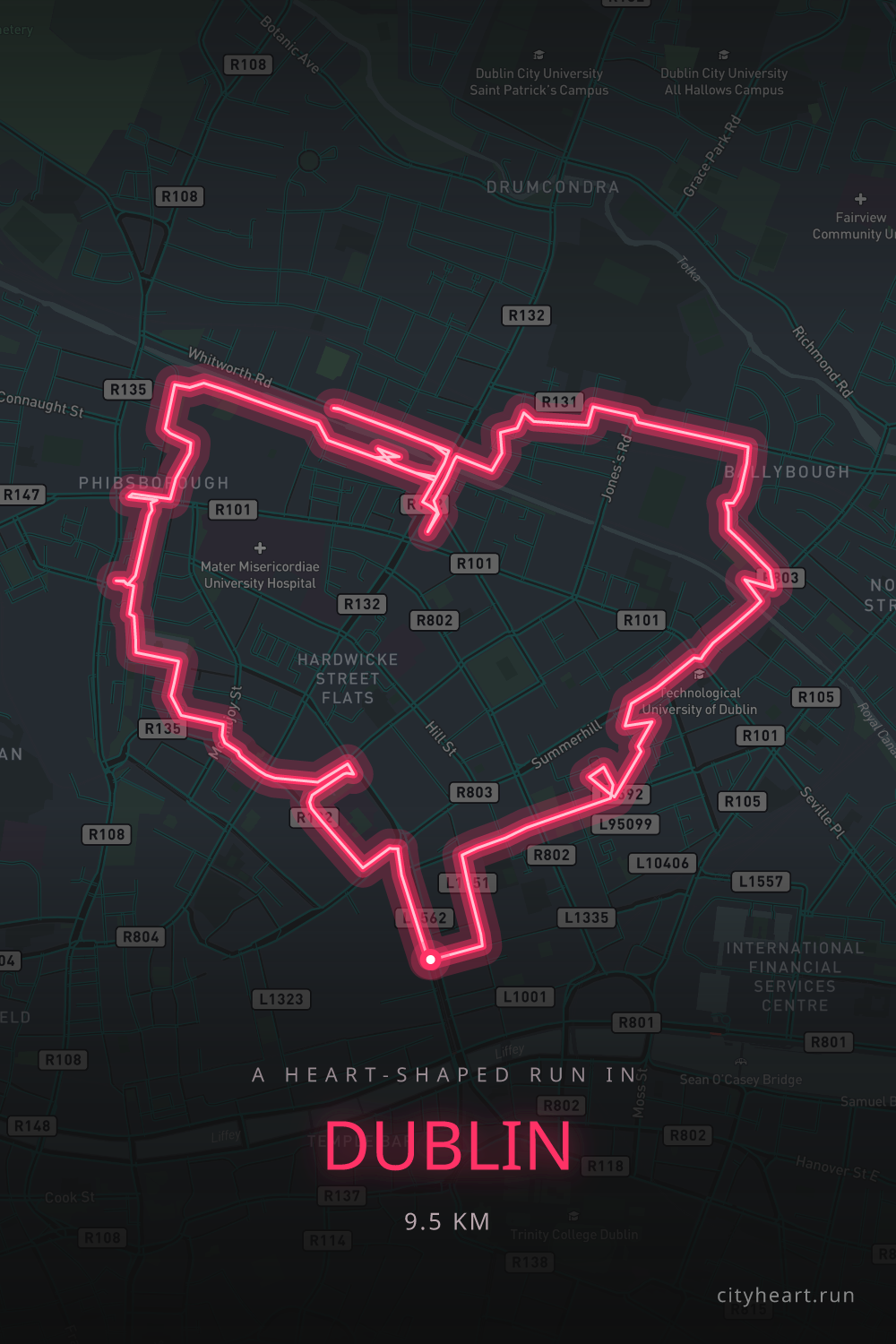 Heart-shaped running route in Dublin, 9.5 km — GPS art for Strava