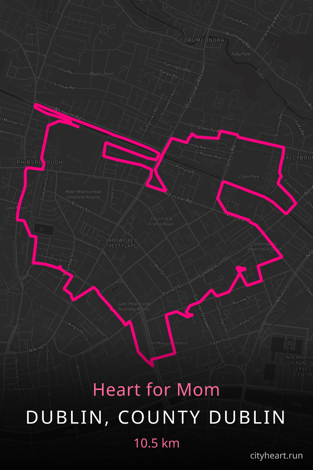 Heart-shaped running route in Dublin, County Dublin, 10.5 km — GPS art for Strava