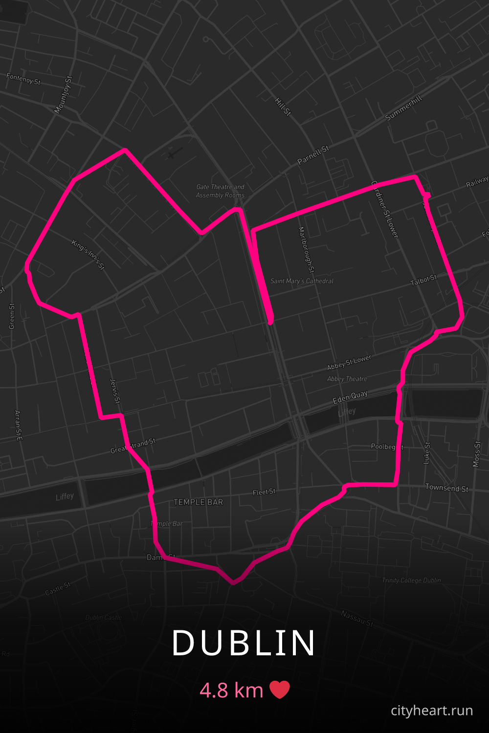 Heart-shaped running route in Dublin, 4.8 km — GPS art for Strava