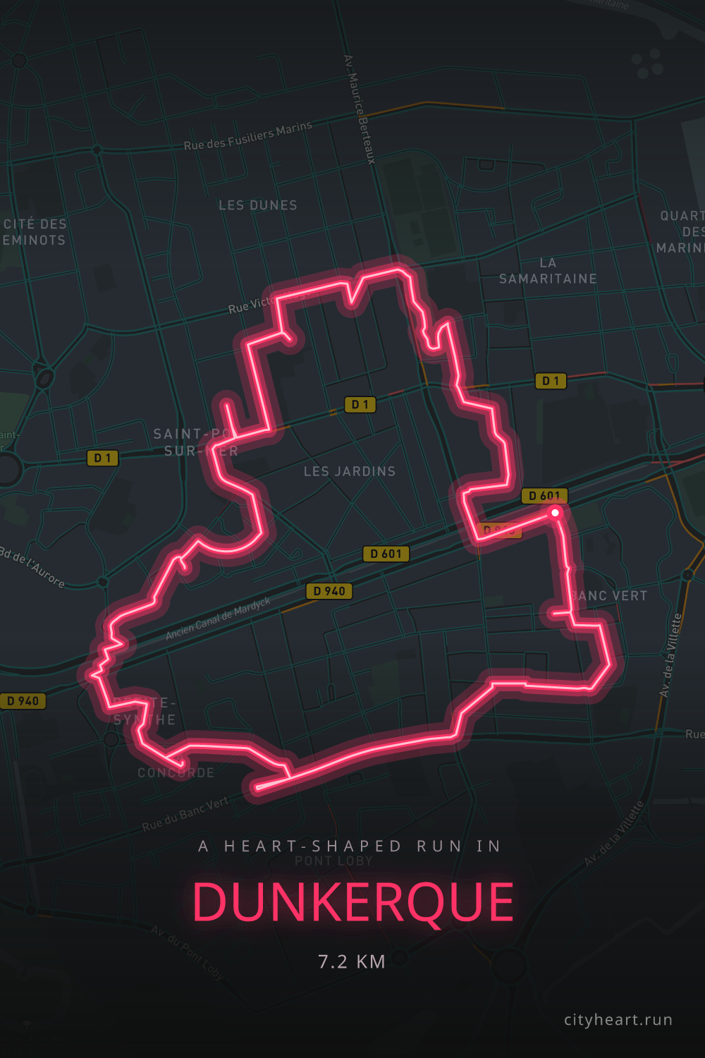 Heart-shaped running route in Dunkerque, 7.2 km — GPS art for Strava