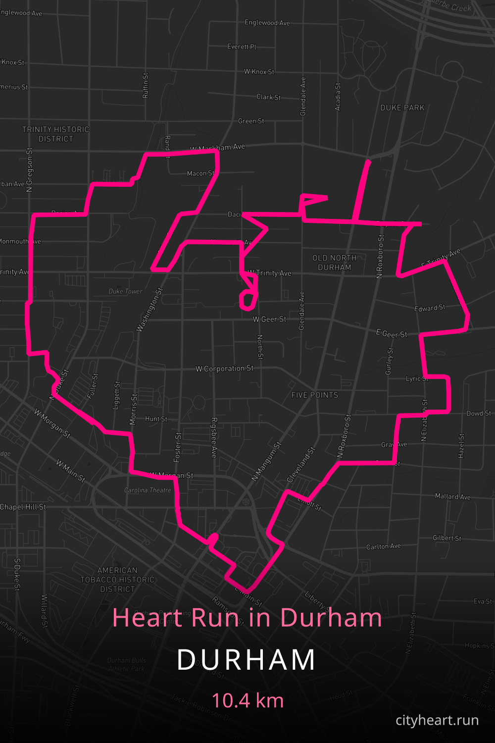 Heart-shaped running route in Durham, 10.4 km — GPS art for Strava