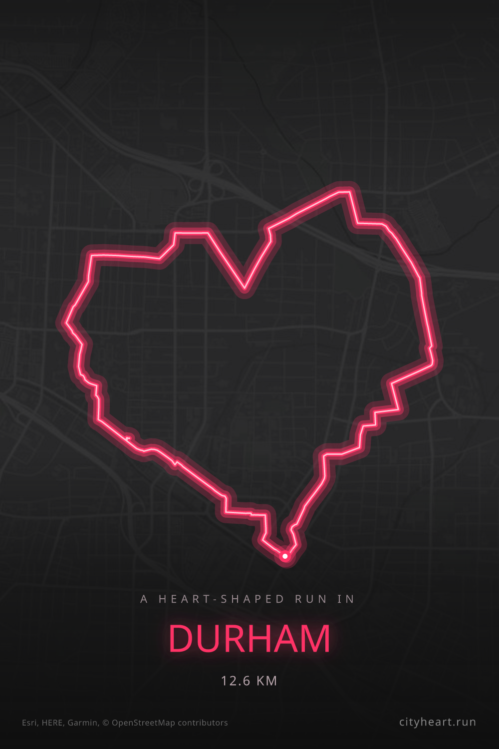 Heart-shaped running route in Durham, 12.6 km — GPS art for Strava