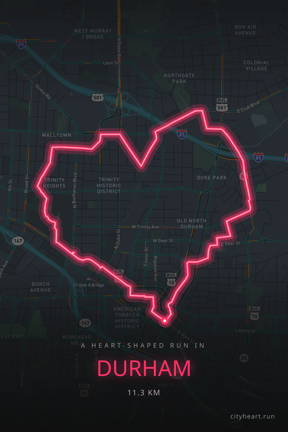 Heart-shaped running route in Durham, 12.6 km — GPS art for Strava