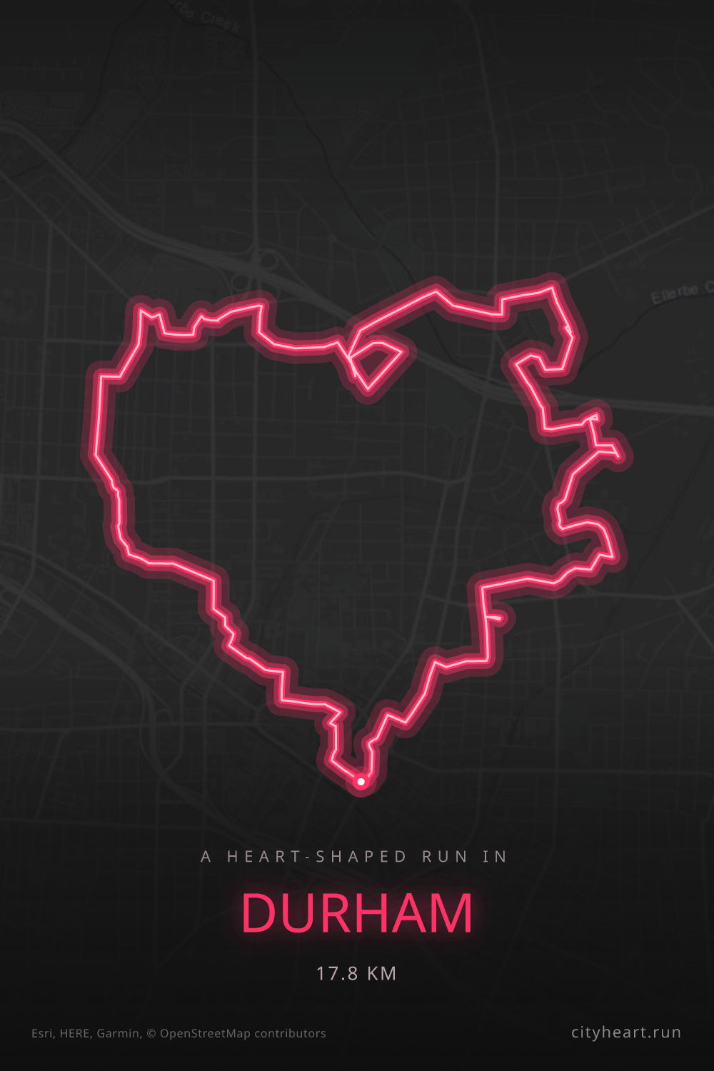 Heart-shaped running route in Durham, 17.8 km — GPS art for Strava