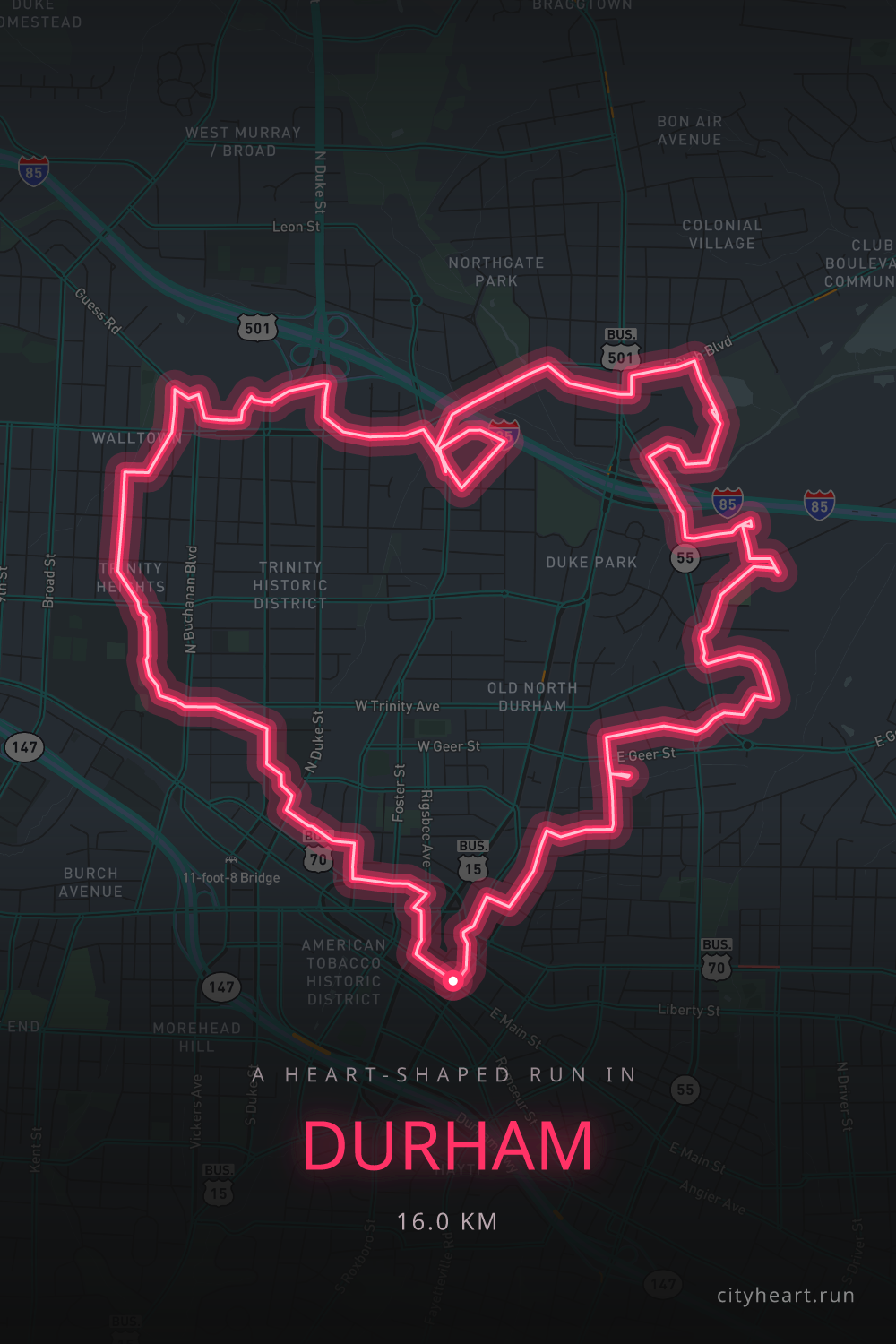 Heart-shaped running route in Durham, 17.8 km — GPS art for Strava