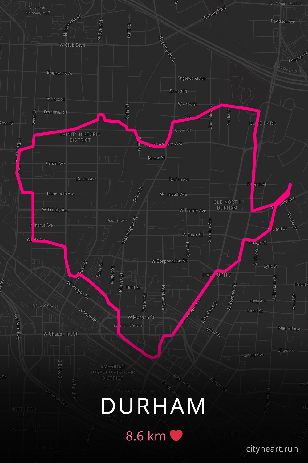 Heart-shaped running route in Durham, 8.6 km — GPS art for Strava