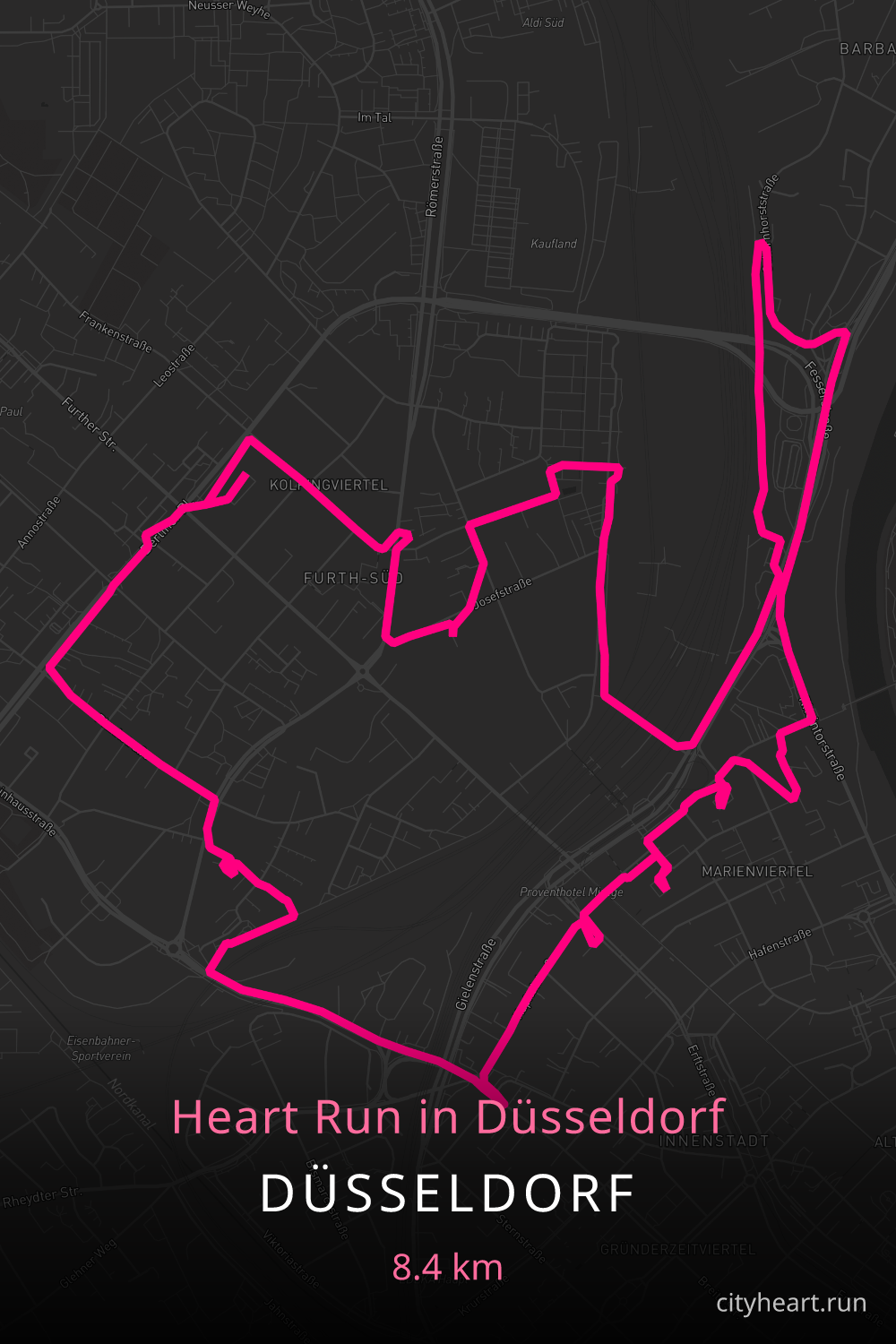 Heart-shaped running route in Düsseldorf, 9.3 km — GPS art for Strava