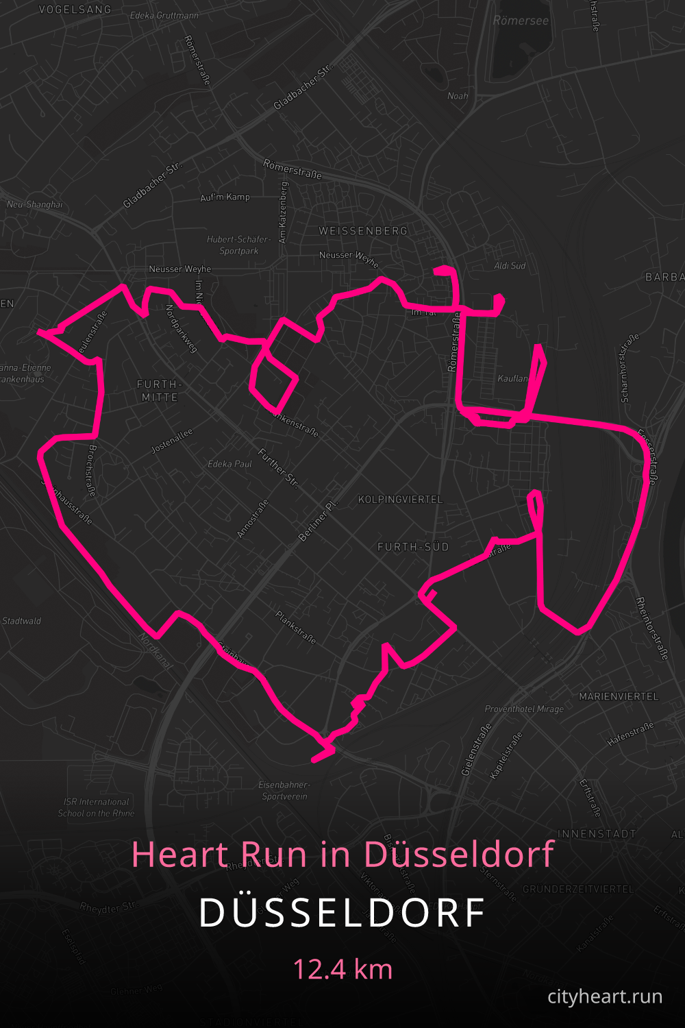 Heart-shaped running route in Düsseldorf, 13.5 km — GPS art for Strava