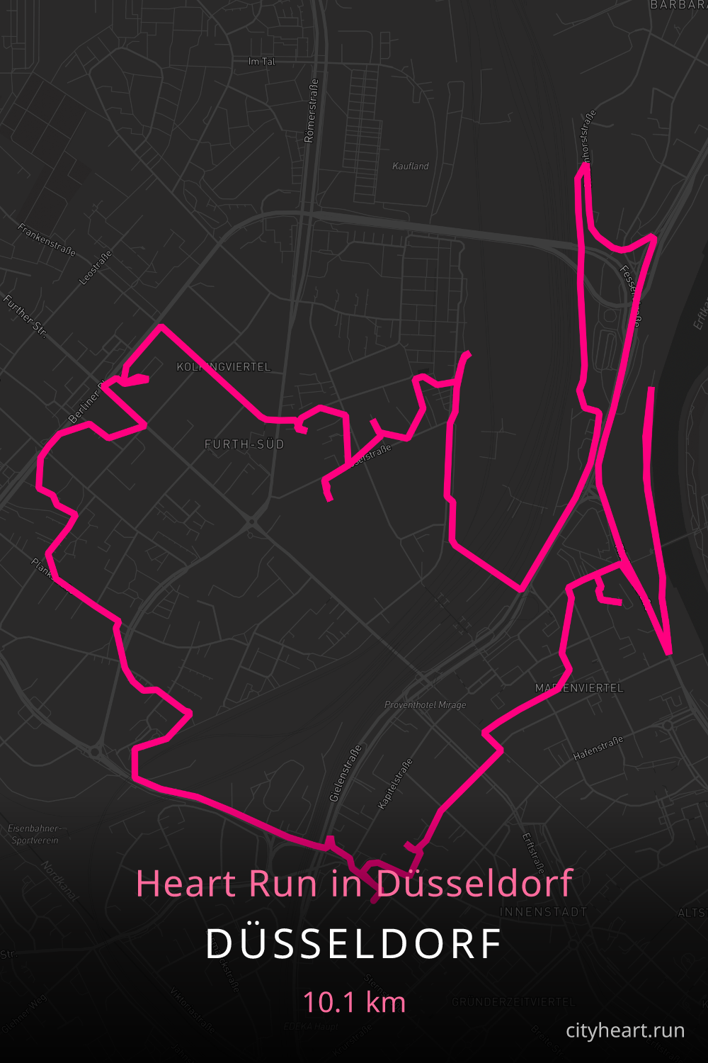 Heart-shaped running route in Düsseldorf, 10.7 km — GPS art for Strava
