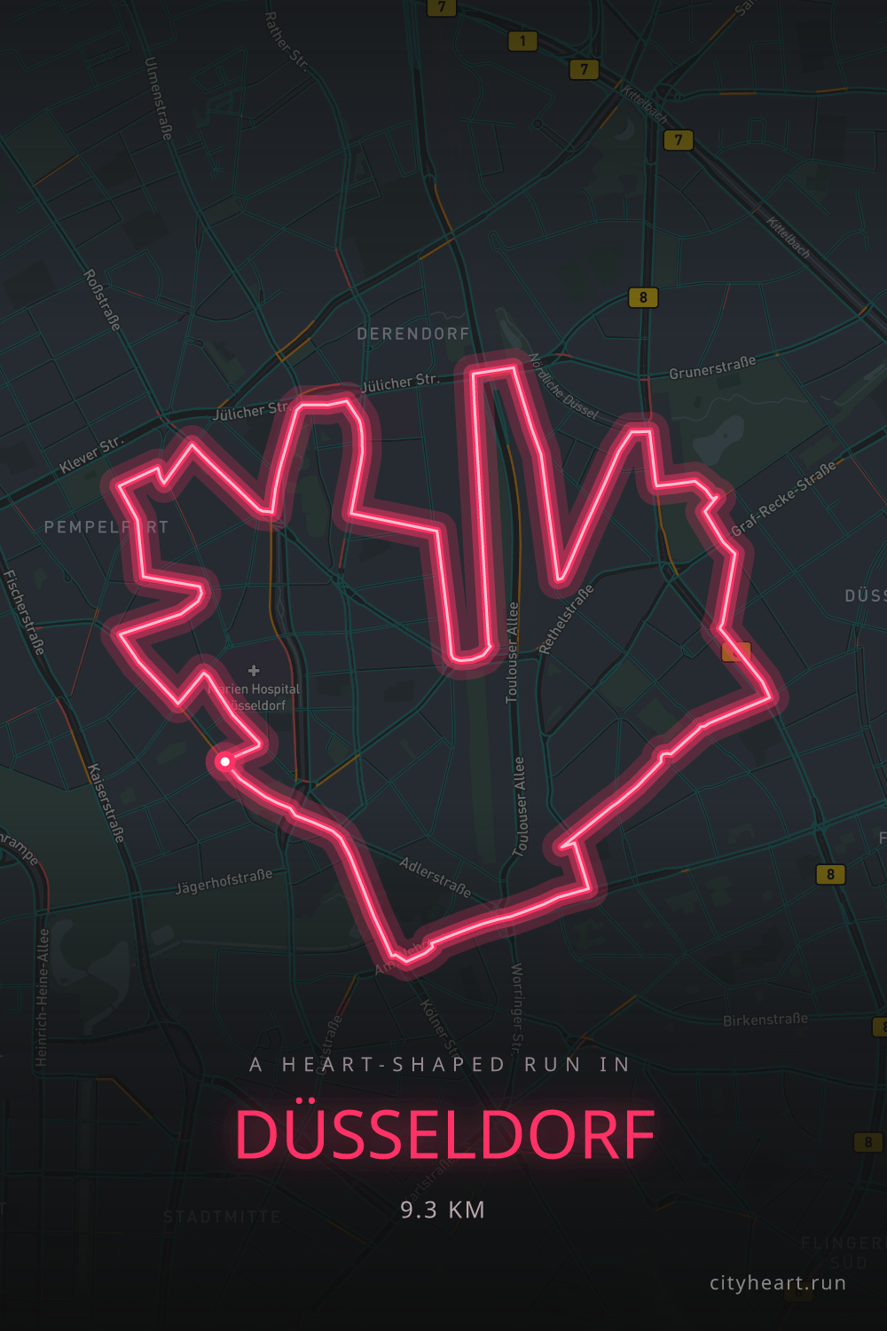 Heart-shaped running route in Düsseldorf, 9.3 km — GPS art for Strava