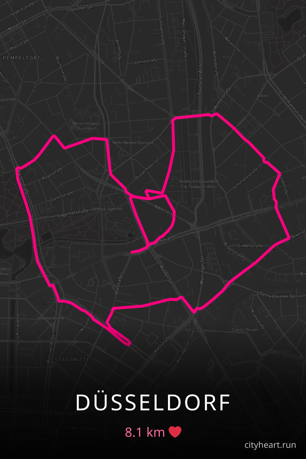 Heart-shaped running route in Düsseldorf, 8.1 km — GPS art for Strava