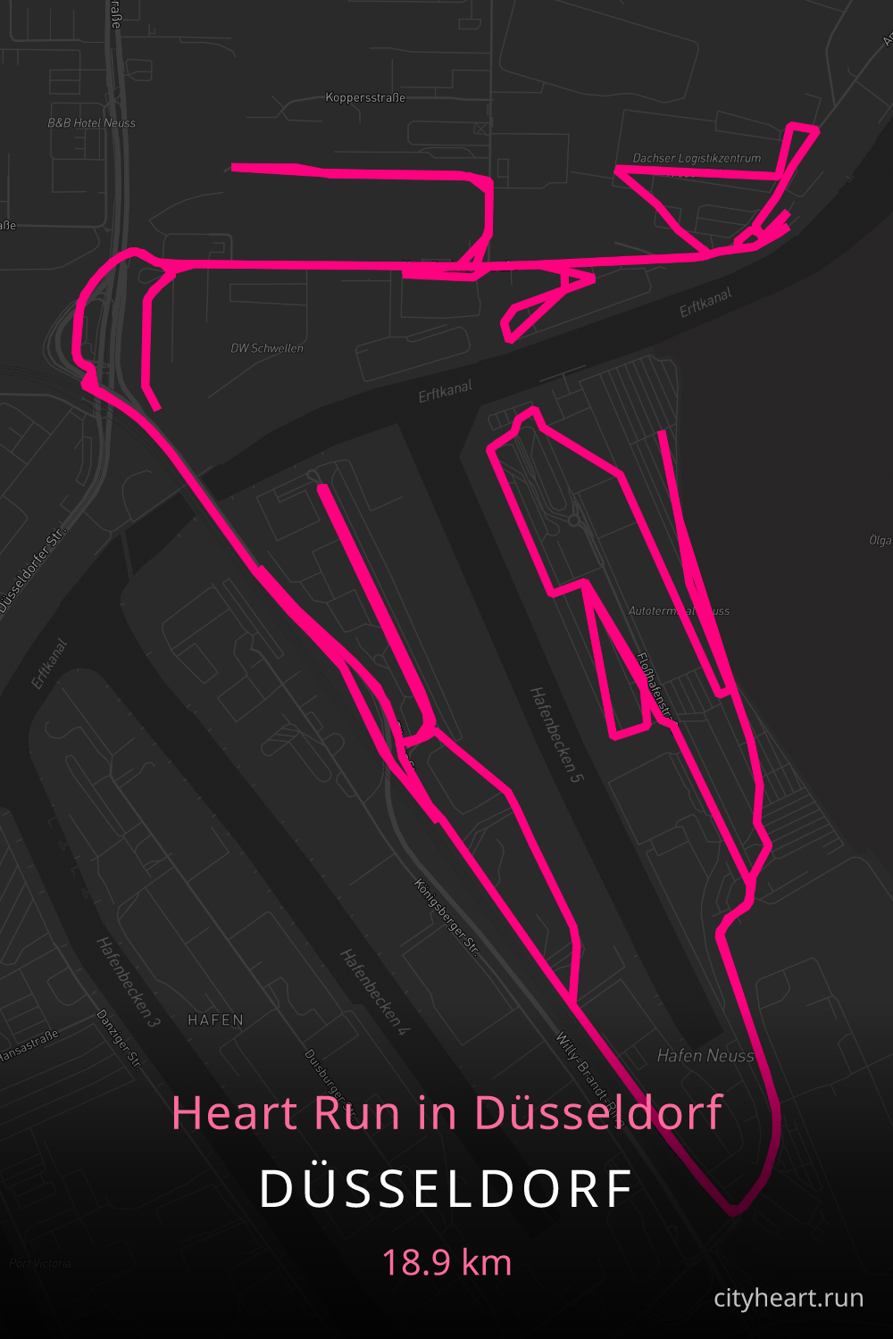 Heart-shaped running route in Düsseldorf, 18.9 km — GPS art for Strava