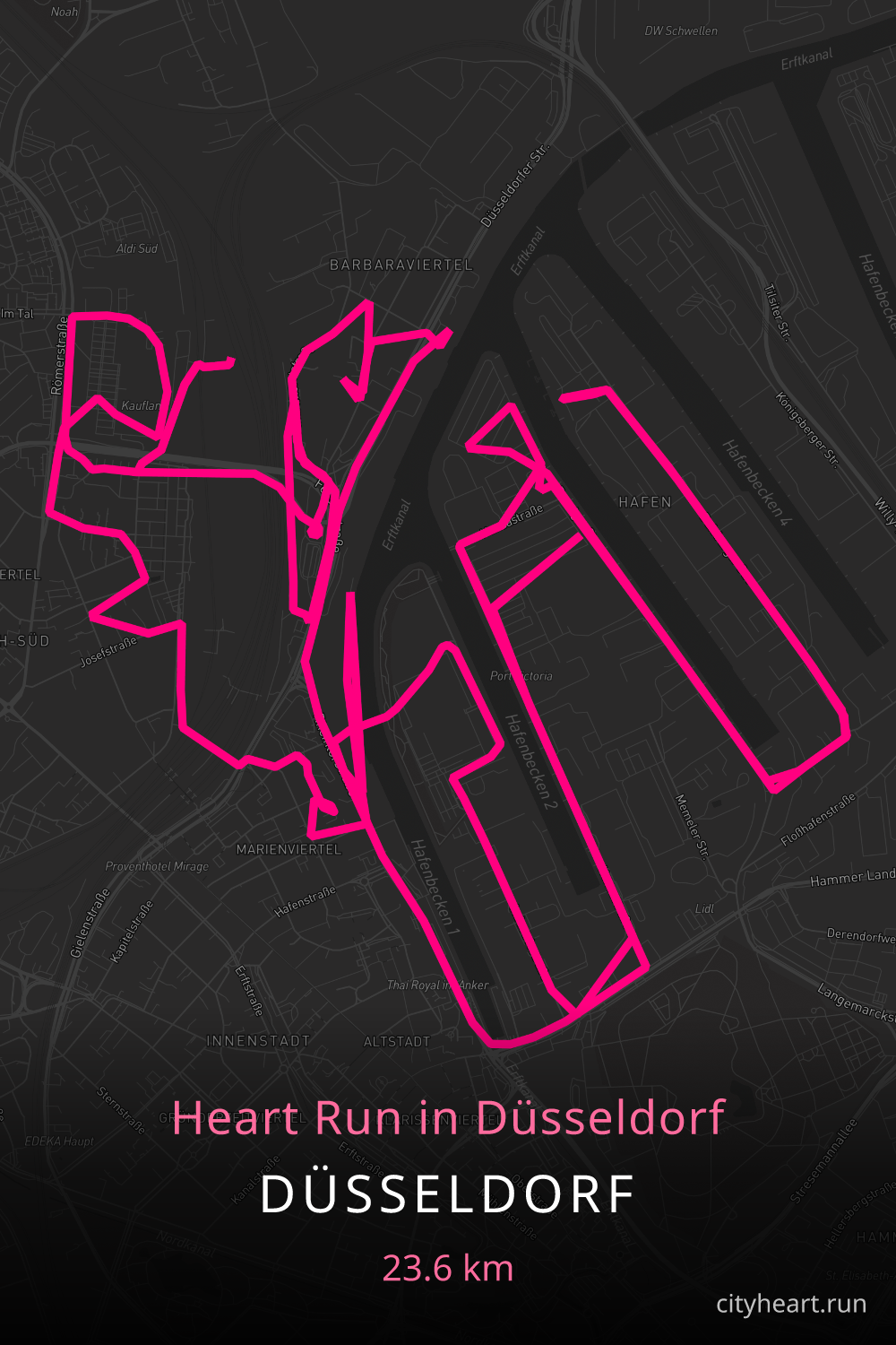Heart-shaped running route in Düsseldorf, 24.9 km — GPS art for Strava