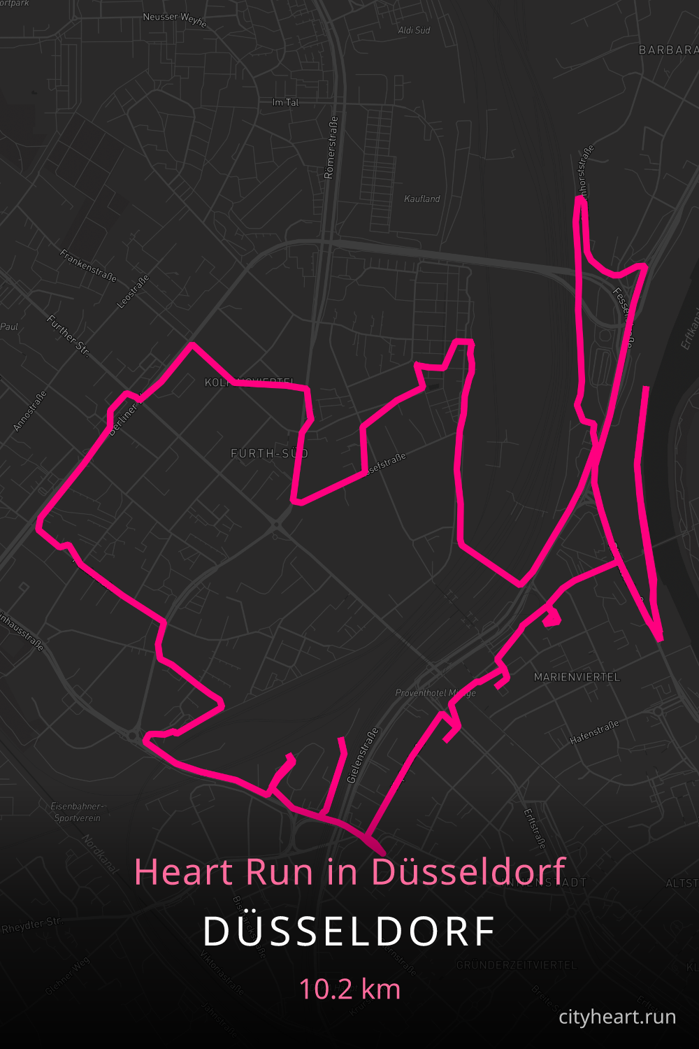Heart-shaped running route in Düsseldorf, 10.2 km — GPS art for Strava