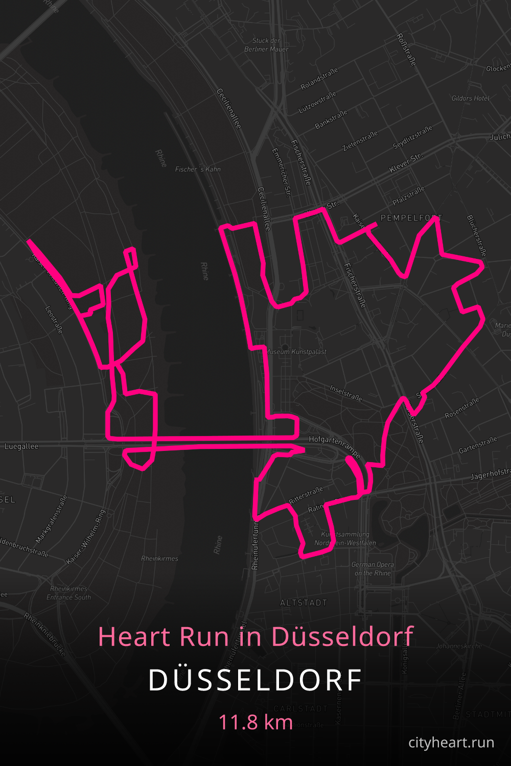 Heart-shaped running route in Düsseldorf, 11.8 km — GPS art for Strava