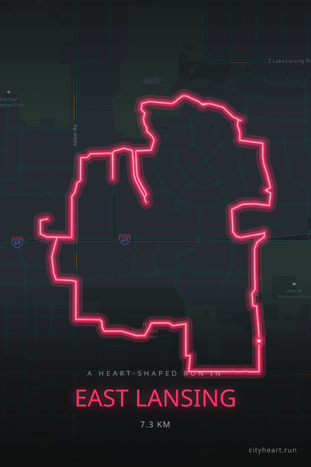 Heart-shaped running route in East Lansing, 8.4 km — GPS art for Strava