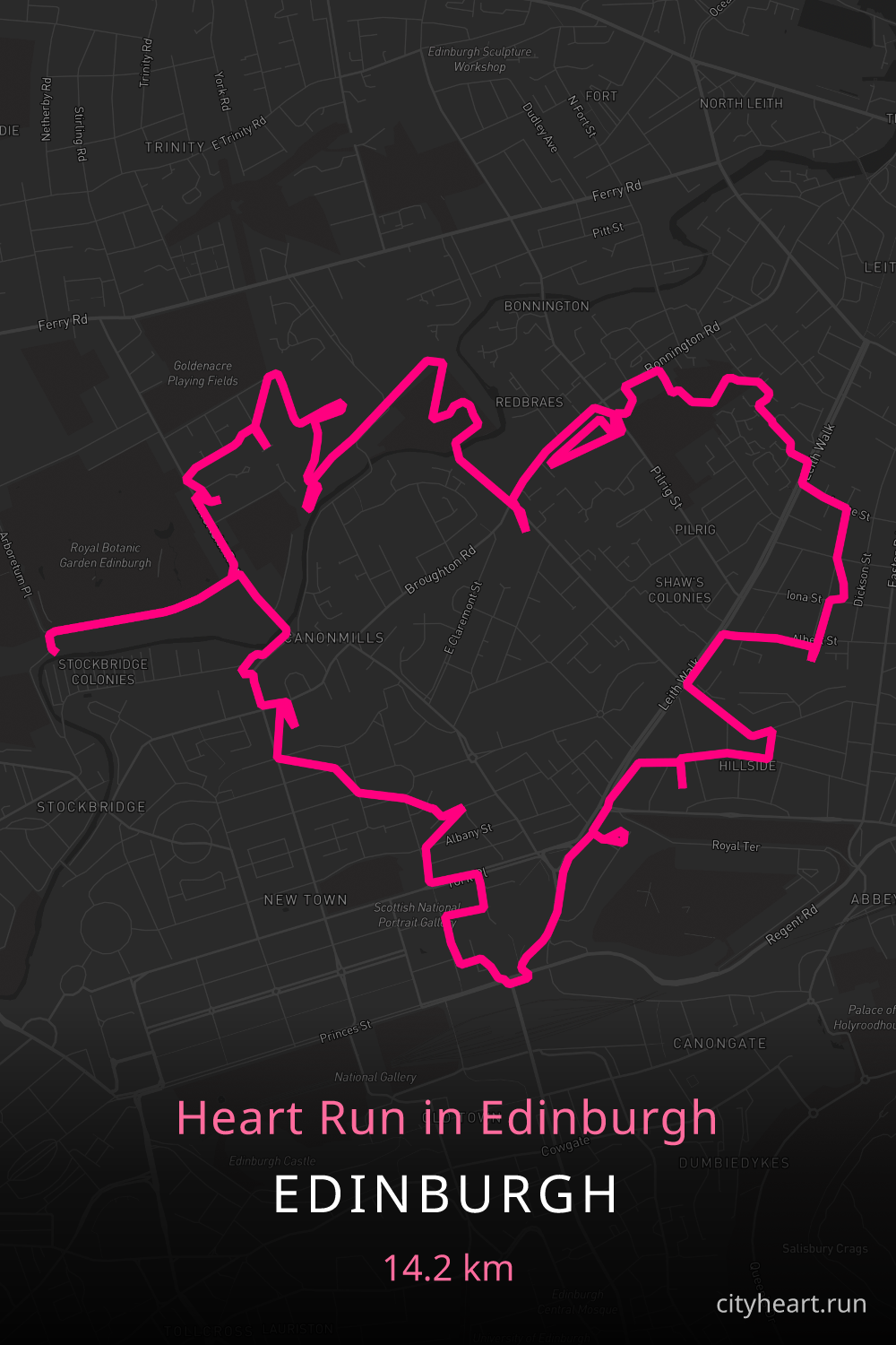 Heart-shaped running route in Edinburgh, 14.2 km — GPS art for Strava