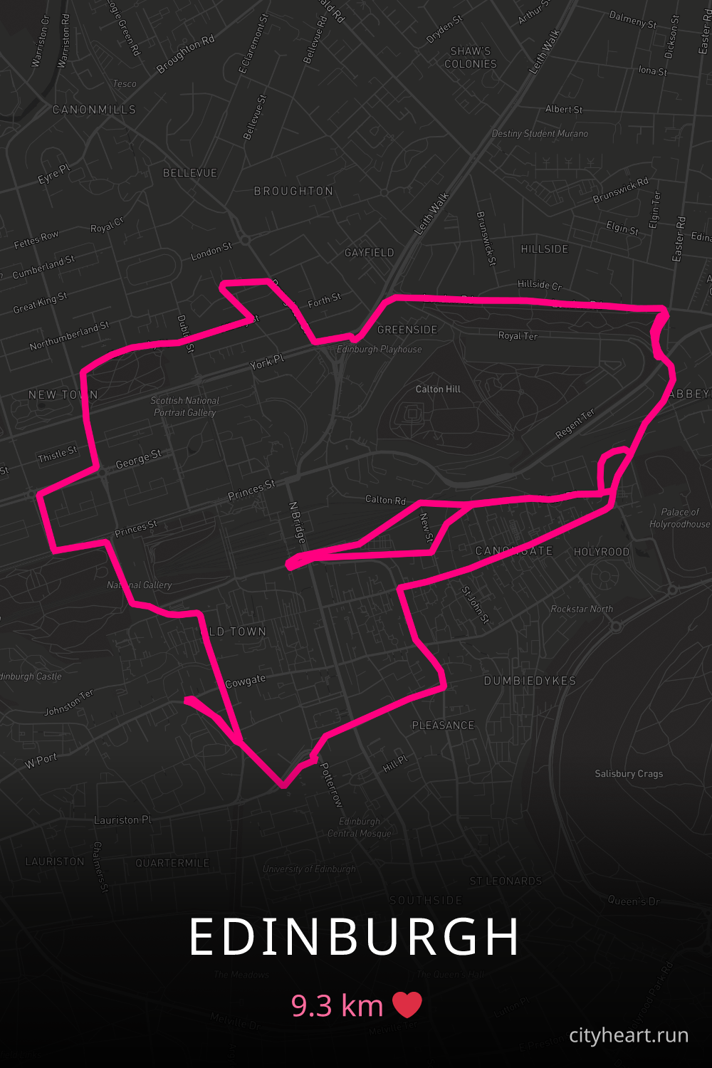 Heart-shaped running route in Edinburgh, 9.3 km — GPS art for Strava