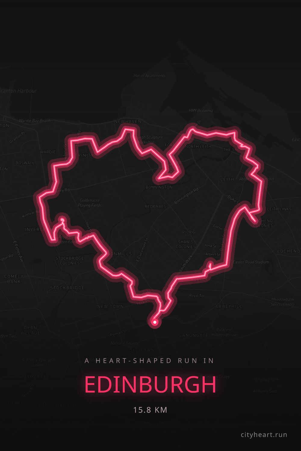 Heart-shaped running route in Edinburgh, 16.6 km — GPS art for Strava