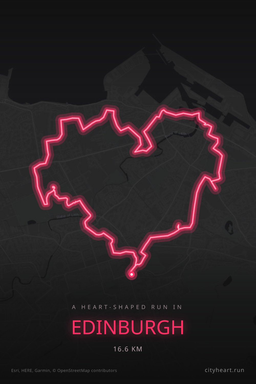 Heart-shaped running route in Edinburgh, 16.6 km — GPS art for Strava
