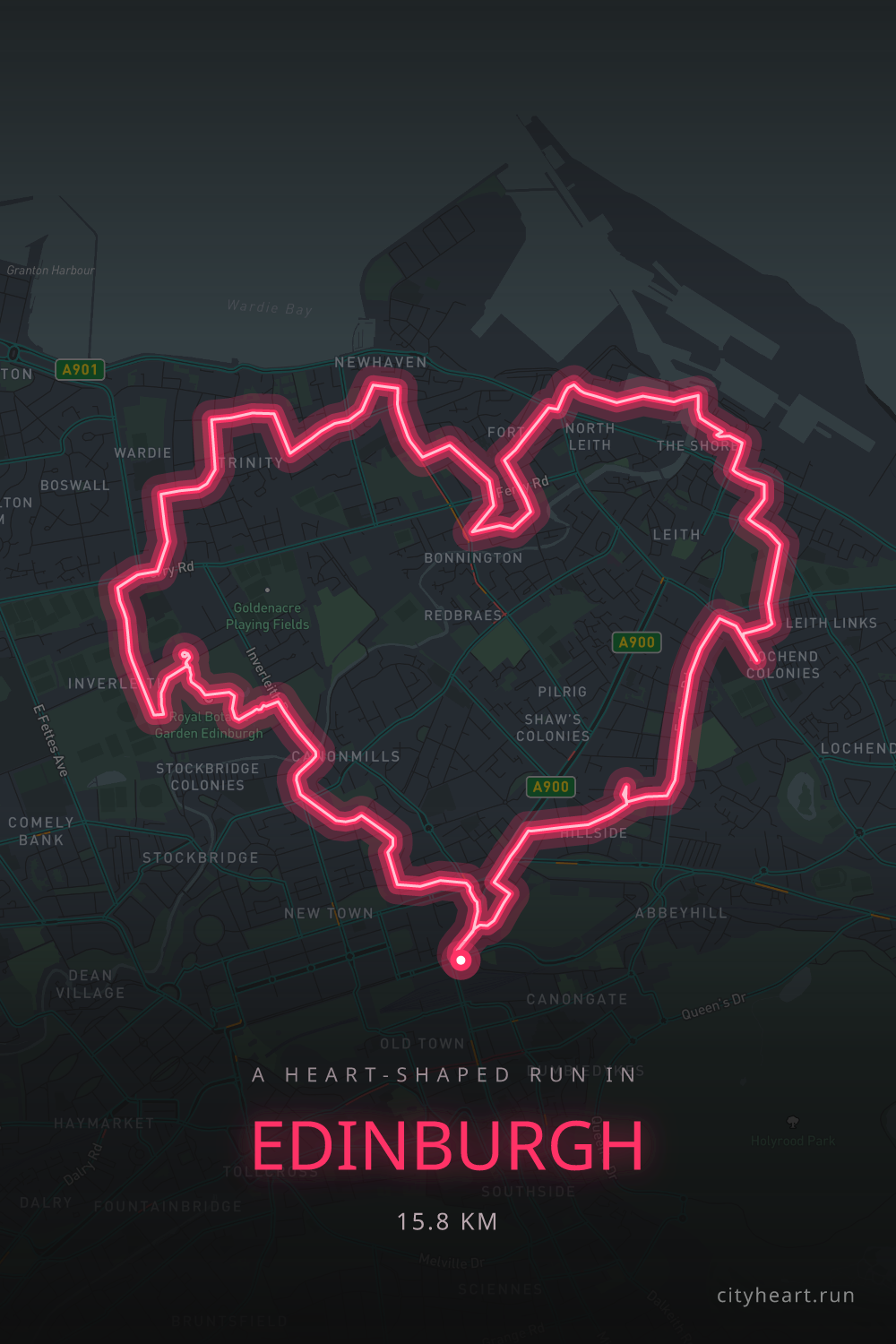 Heart-shaped running route in Edinburgh, 16.6 km — GPS art for Strava