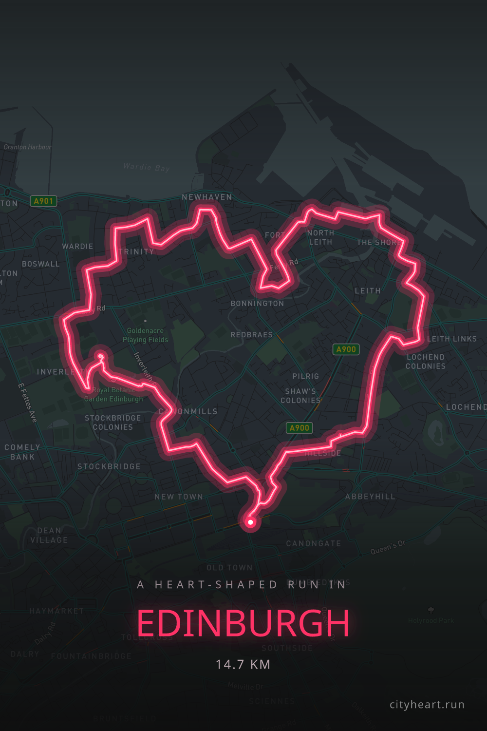 Heart-shaped running route in Edinburgh, 14.7 km — GPS art for Strava
