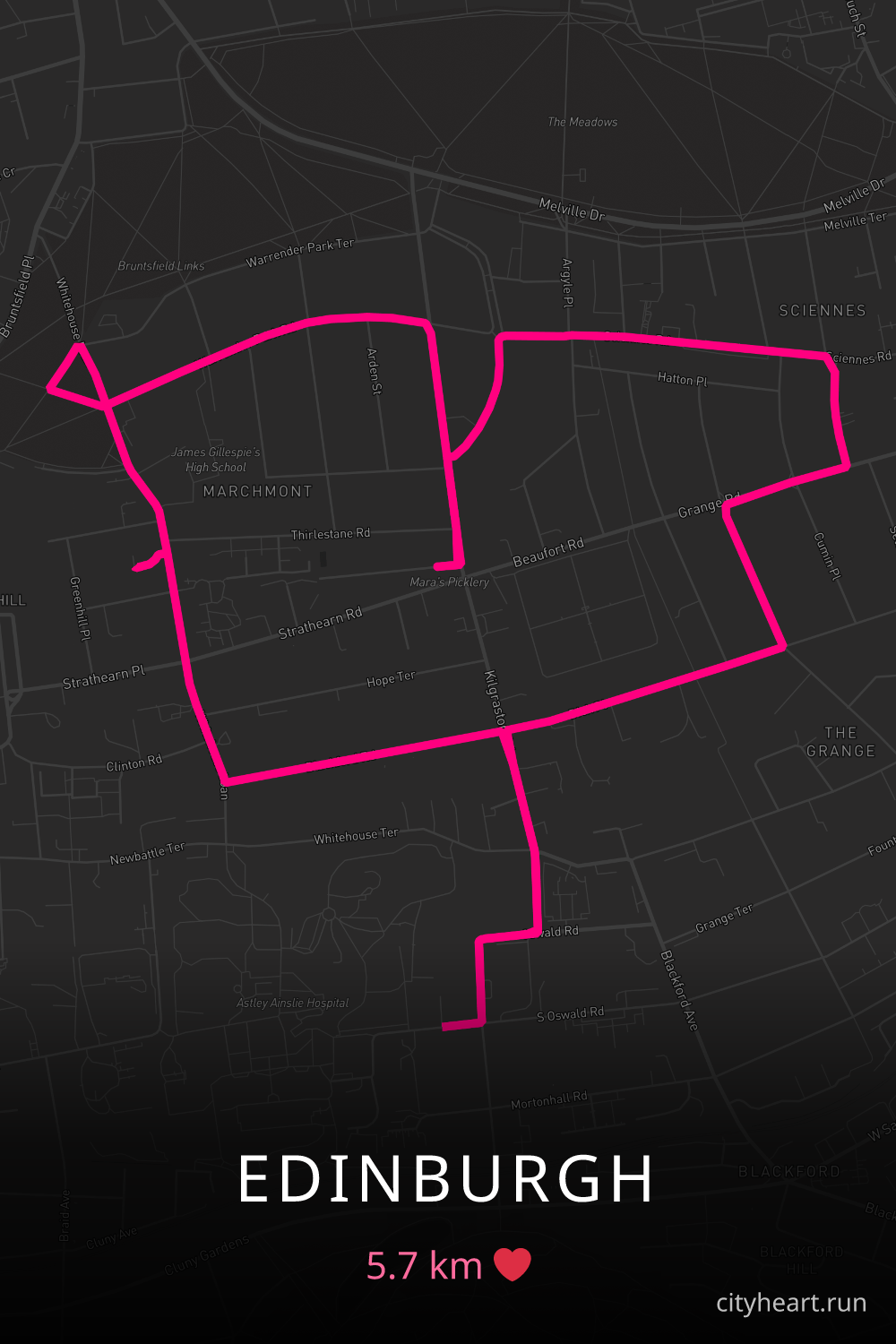 Heart-shaped running route in Edinburgh, 5.7 km — GPS art for Strava