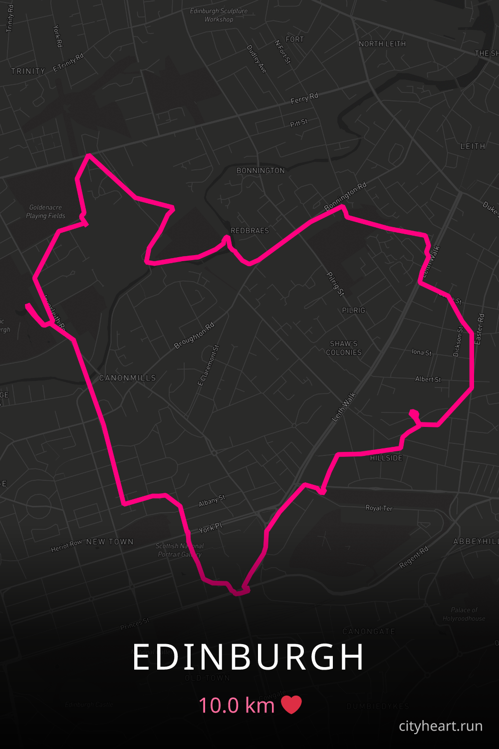 Heart-shaped running route in Edinburgh, 10.0 km — GPS art for Strava