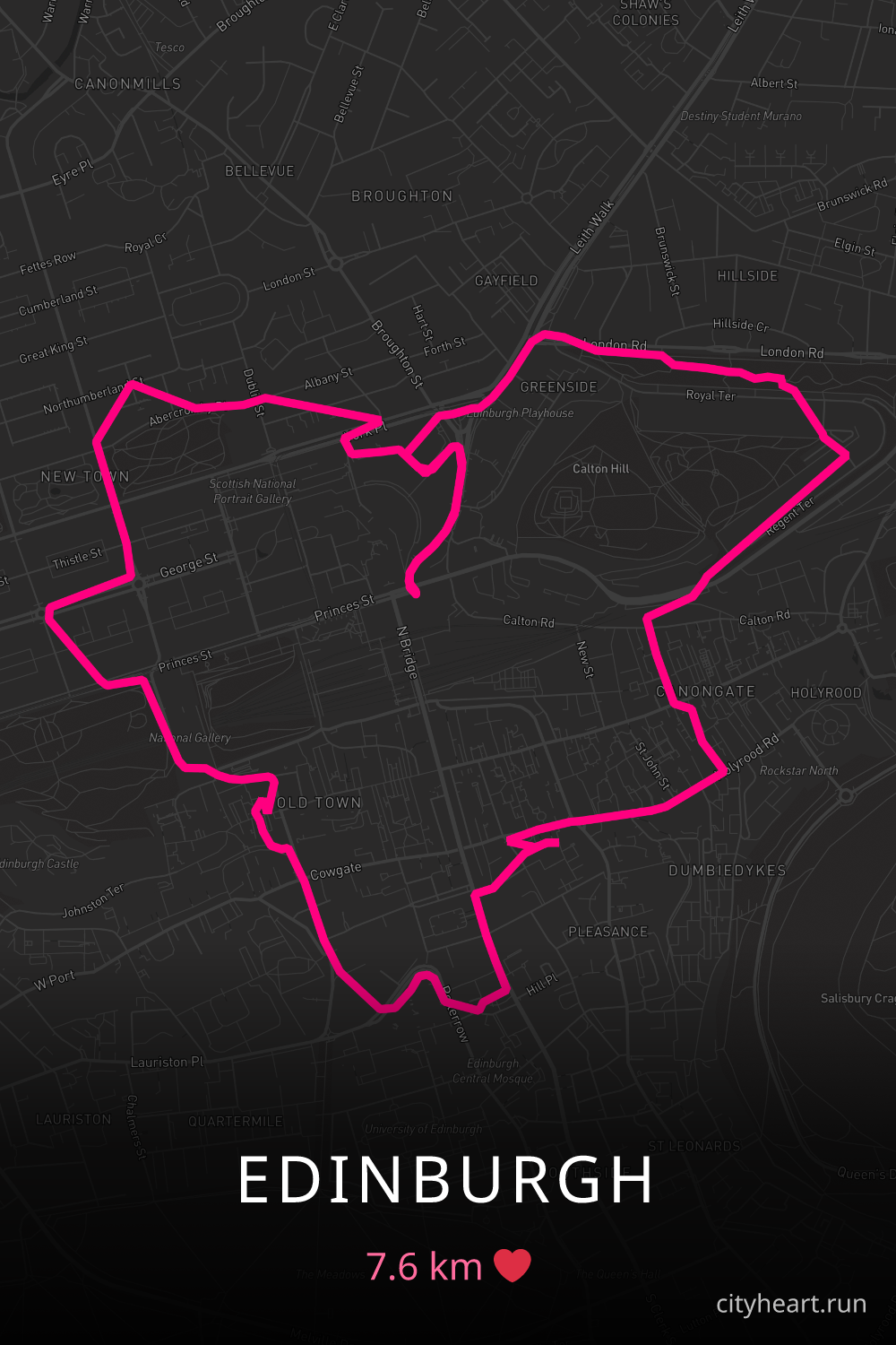 Heart-shaped running route in Edinburgh, 7.6 km — GPS art for Strava
