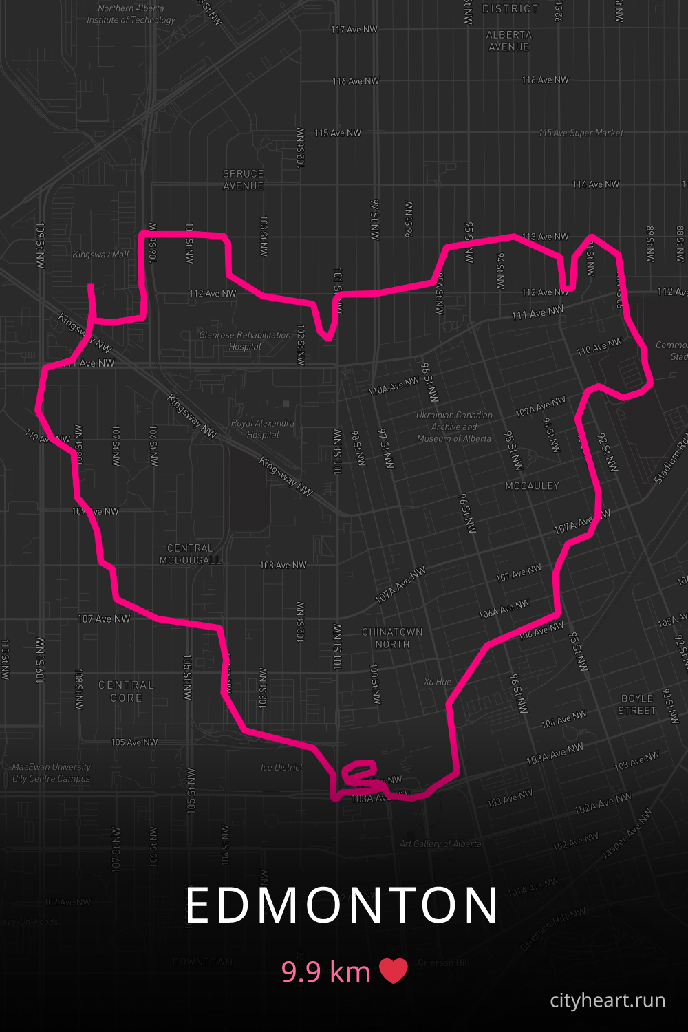 Heart-shaped running route in Edmonton, 9.9 km — GPS art for Strava
