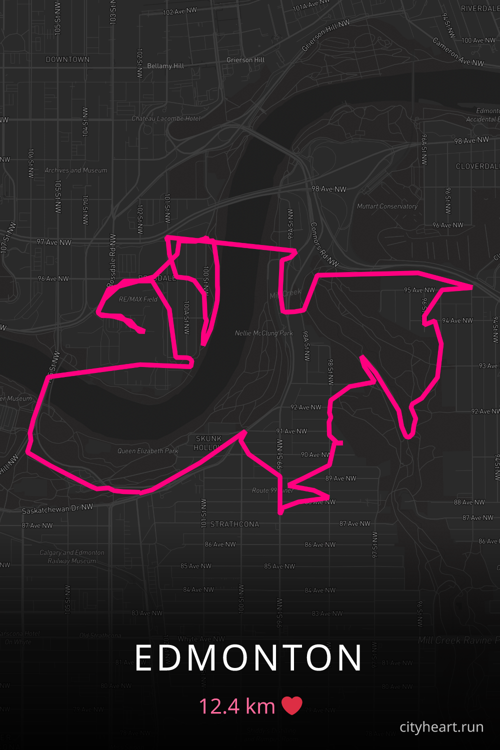Heart-shaped running route in Edmonton, 12.4 km — GPS art for Strava