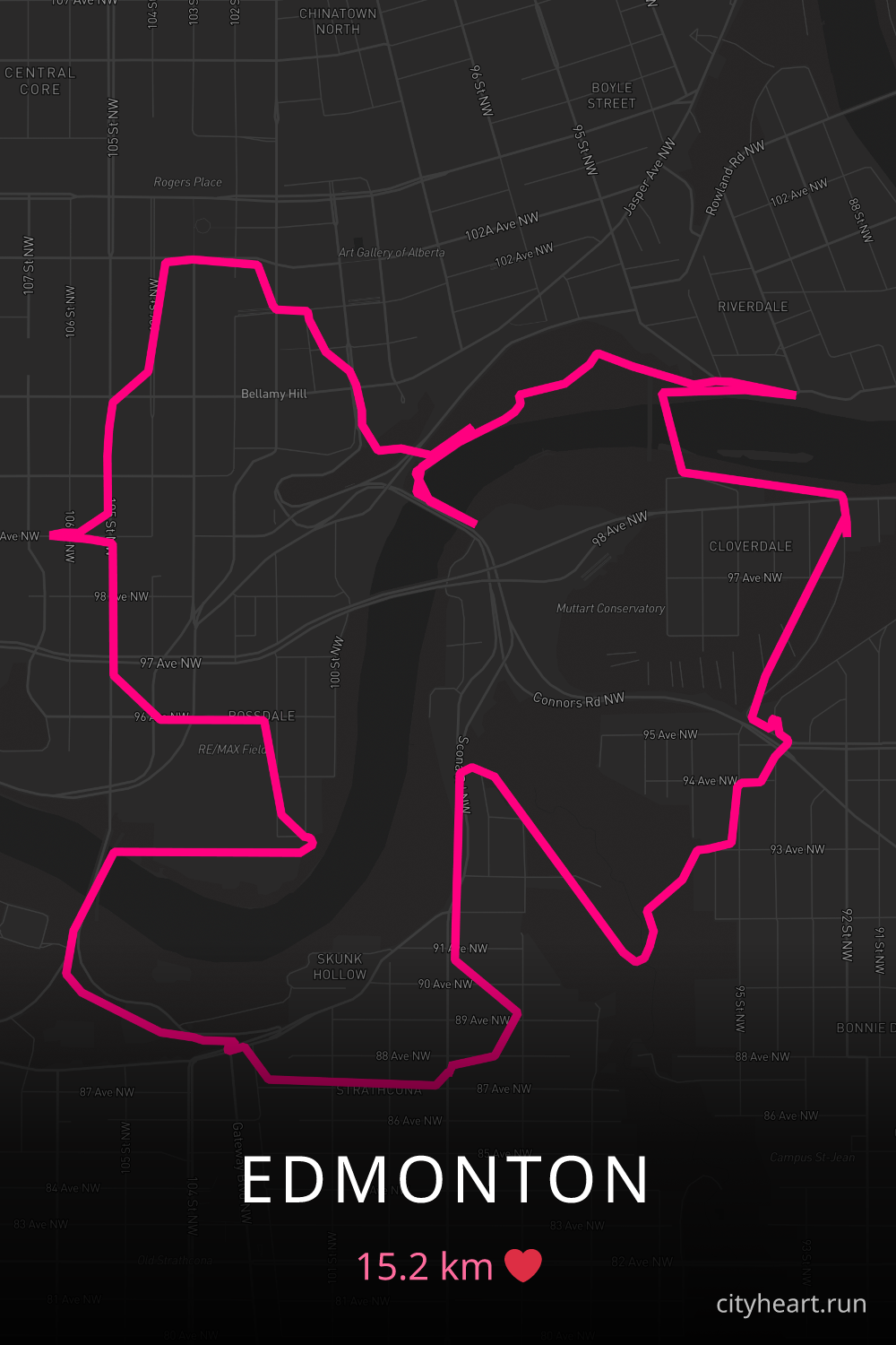 Heart-shaped running route in Edmonton, 15.2 km — GPS art for Strava