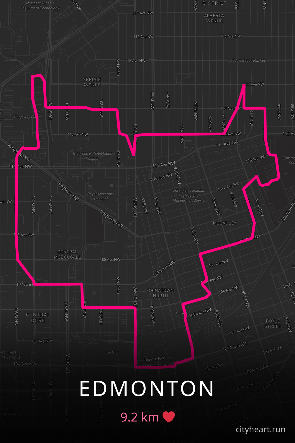 Heart-shaped running route in Edmonton, 9.2 km — GPS art for Strava